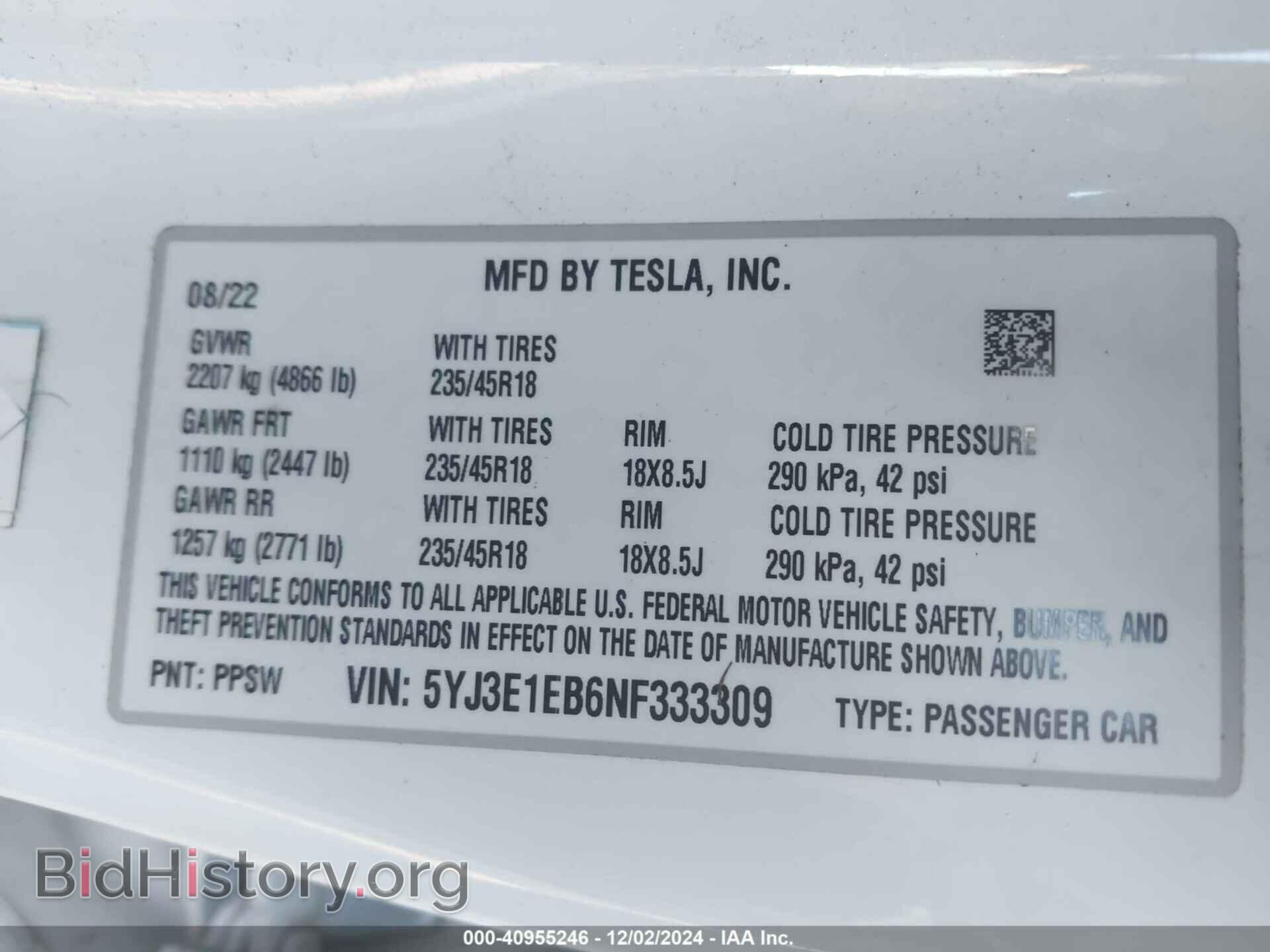 2022 TESLA MODEL 3 - VIN: 5YJ3E1EB6NF333309 - Фото 9
