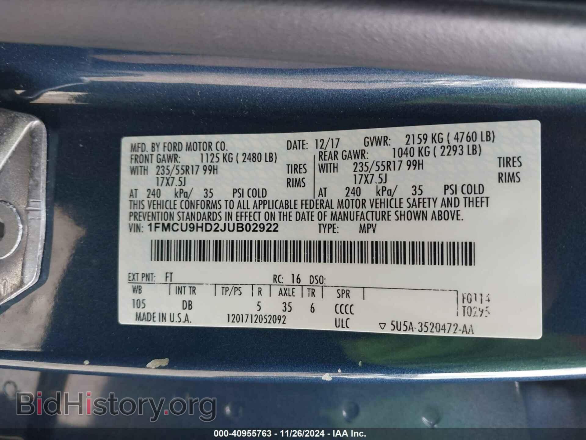 2018 FORD ESCAPE - VIN: 1FMCU9HD2JUB02922 - Фото 9