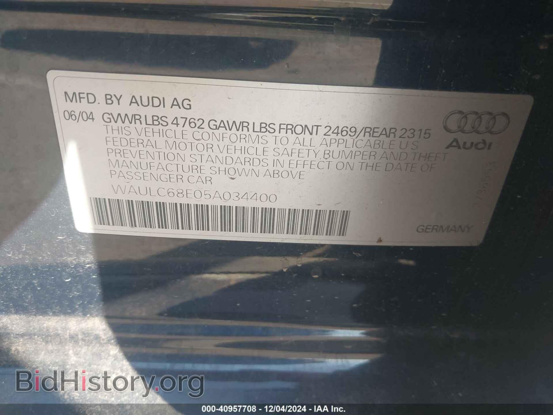 2005 AUDI A4 - VIN: WAULC68E05A034400 - Фото 9