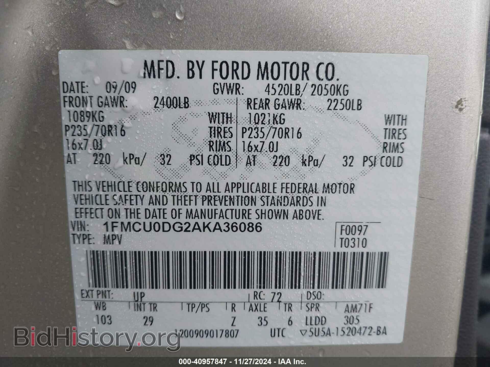 2010 FORD ESCAPE - VIN: 1FMCU0DG2AKA36086 - Фото 9