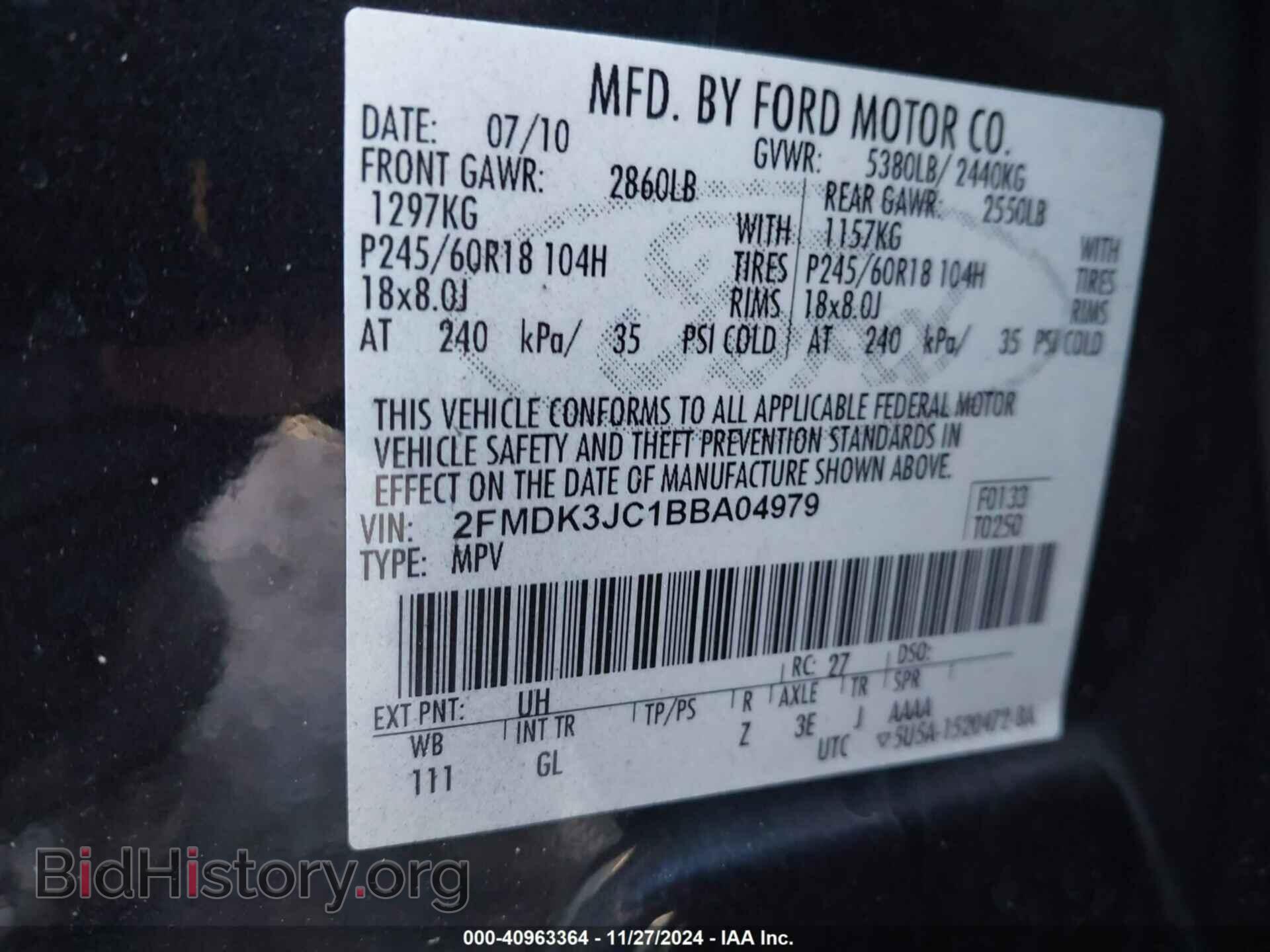 2011 FORD EDGE - VIN: 2FMDK3JC1BBA04979 - Фото 9