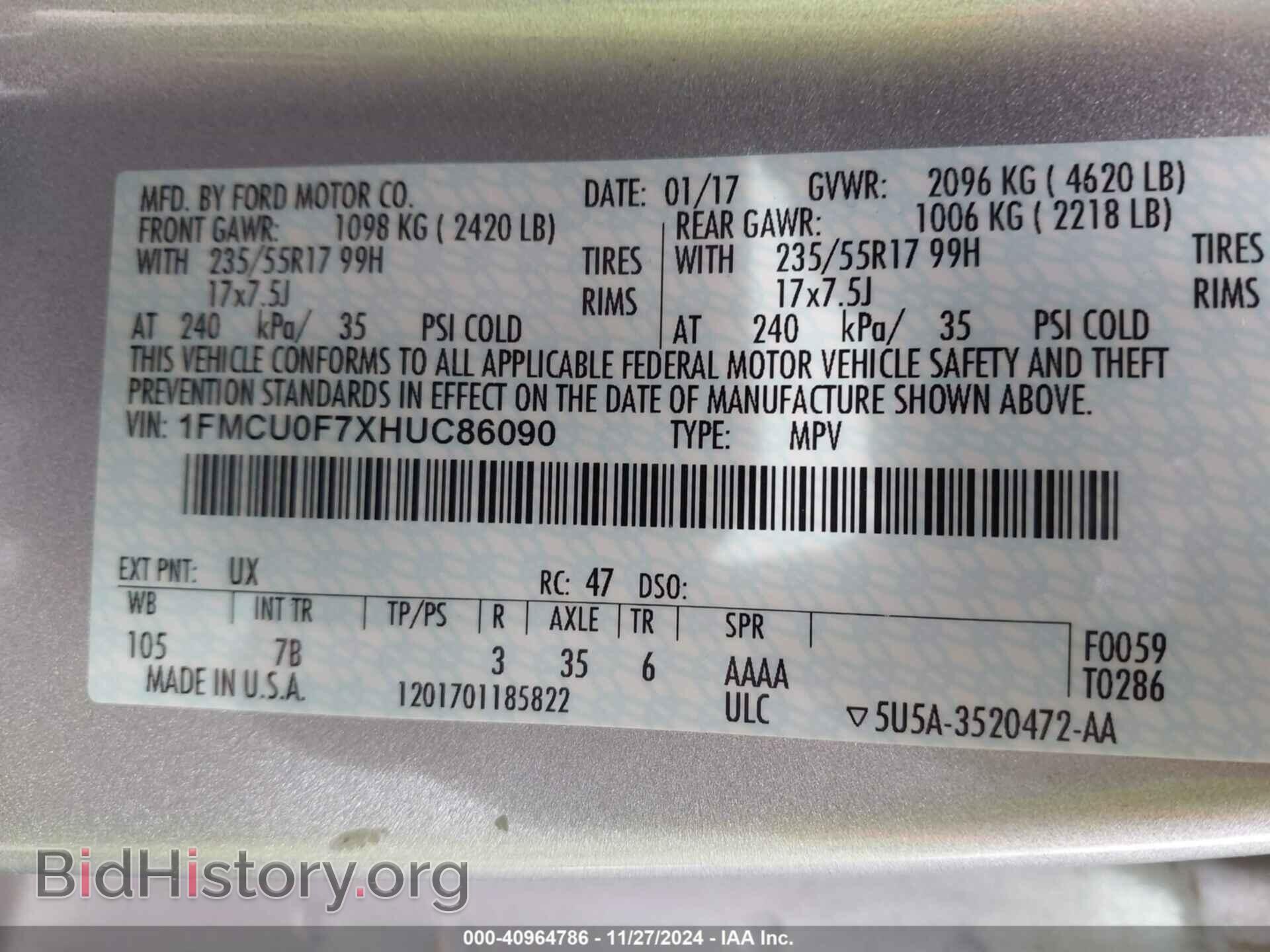 2017 FORD ESCAPE - VIN: 1FMCU0F7XHUC86090 - Фото 9