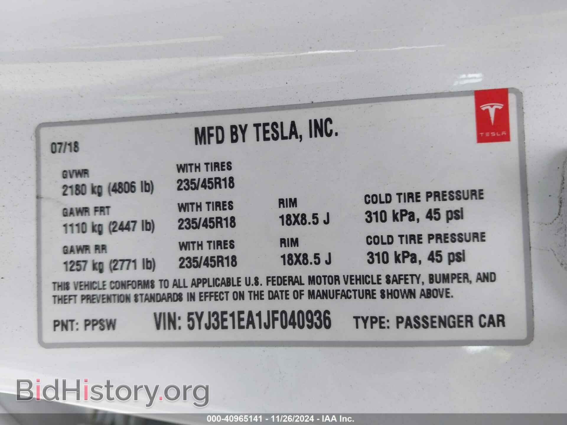 2018 TESLA MODEL 3 - VIN: 5YJ3E1EA1JF040936 - Фото 9