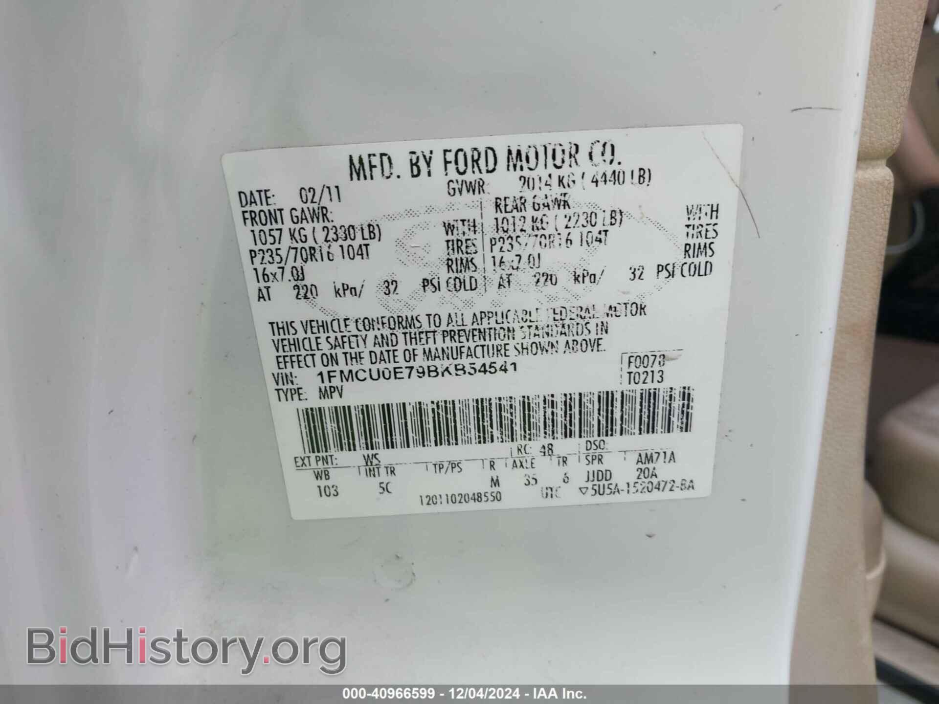 2011 FORD ESCAPE - VIN: 1FMCU0E79BKB54541 - Photo 9