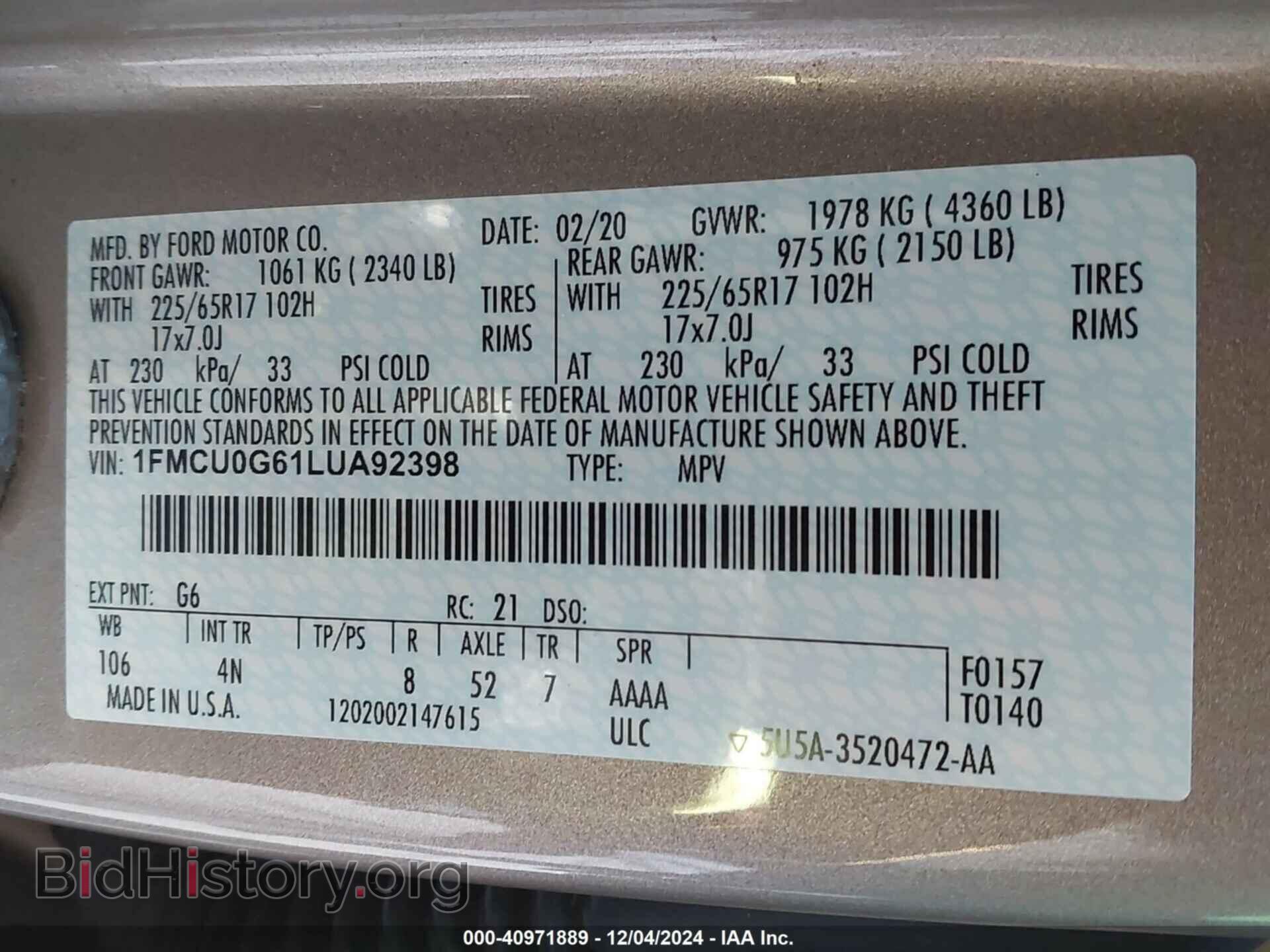 2020 FORD ESCAPE - VIN: 1FMCU0G61LUA92398 - Фото 9