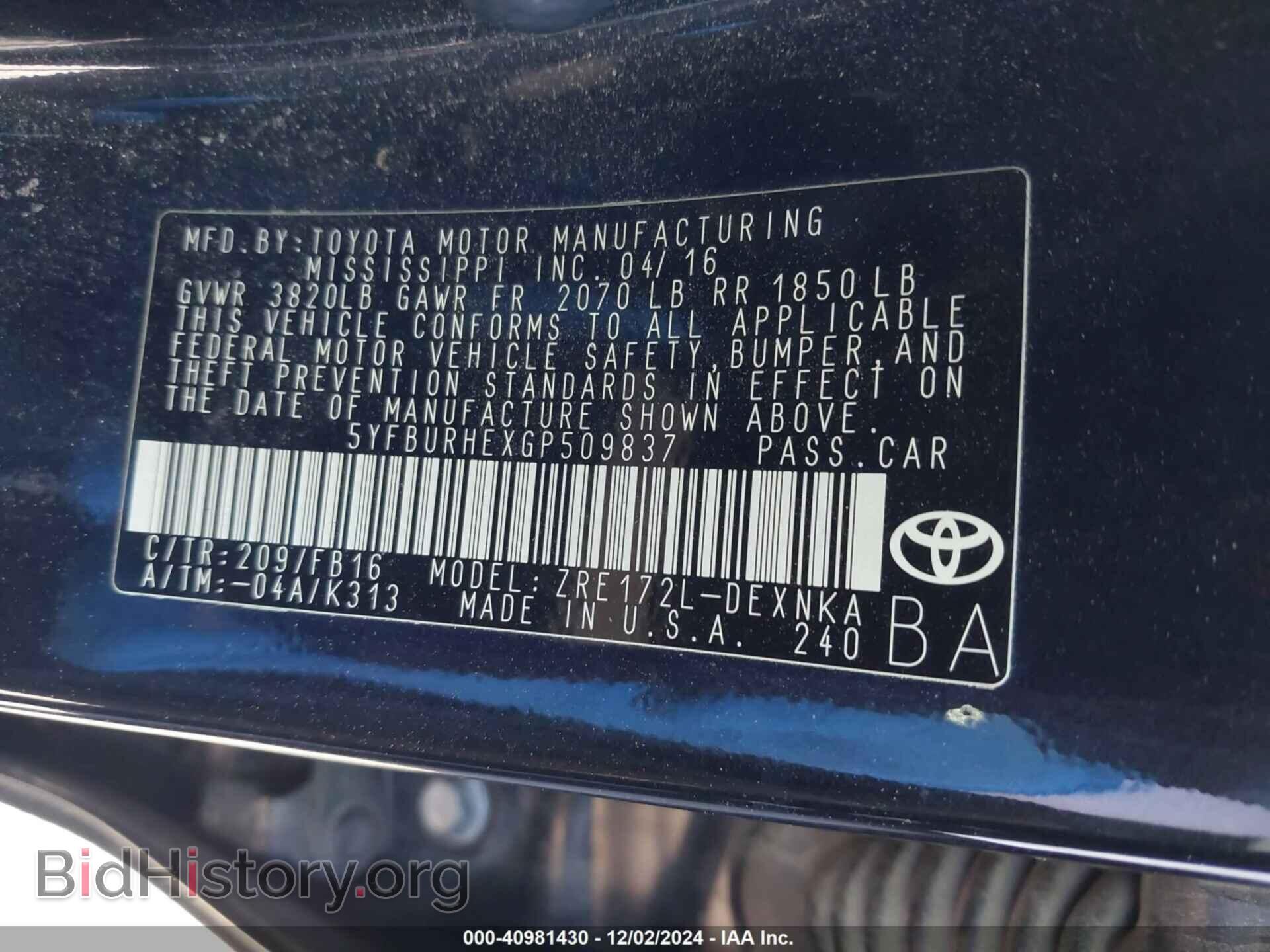2016 TOYOTA COROLLA - VIN: 5YFBURHEXGP509837 - Фото 9