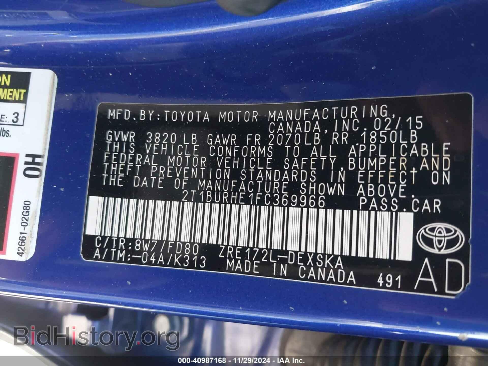 2015 TOYOTA COROLLA - VIN: 2T1BURHE1FC369966 - Фото 9