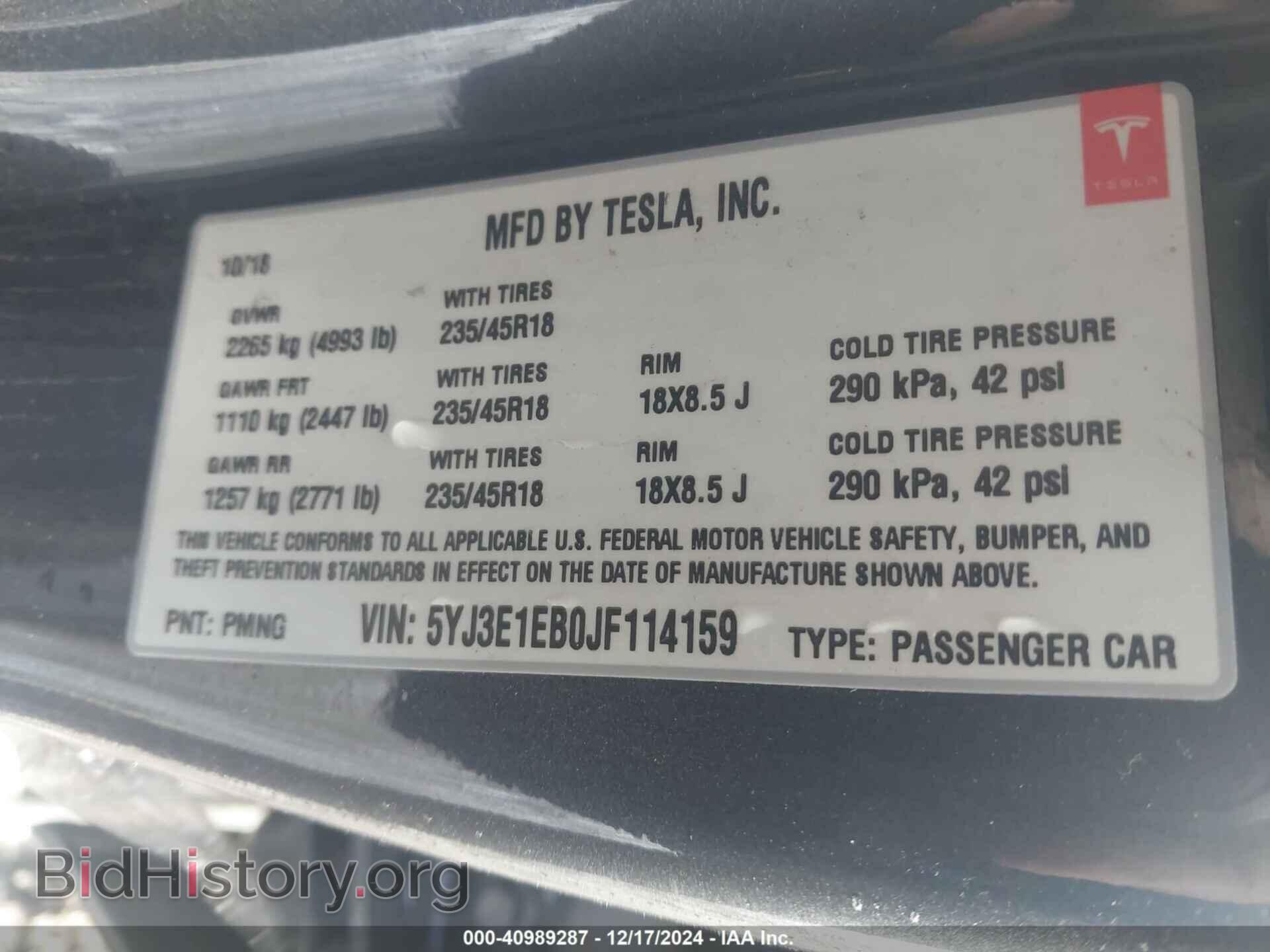 2018 TESLA MODEL 3 - VIN: 5YJ3E1EB0JF114159 - Фото 9