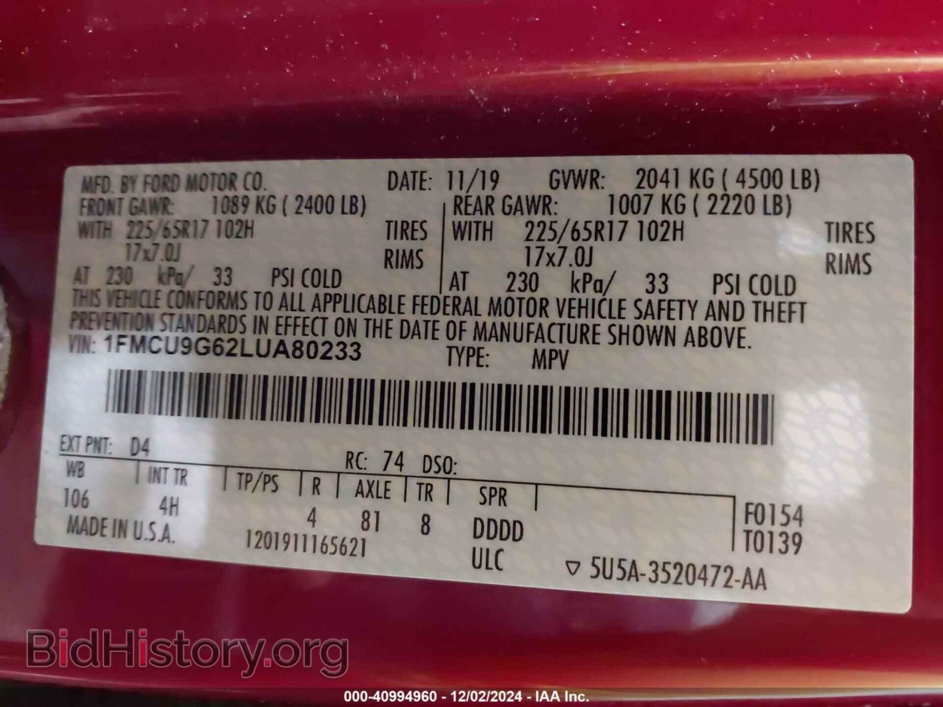 2020 FORD ESCAPE - VIN: 1FMCU9G62LUA80233 - Photo 9