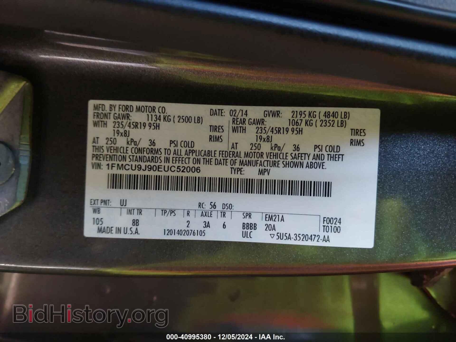 2014 FORD ESCAPE - VIN: 1FMCU9J90EUC52006 - Фото 9