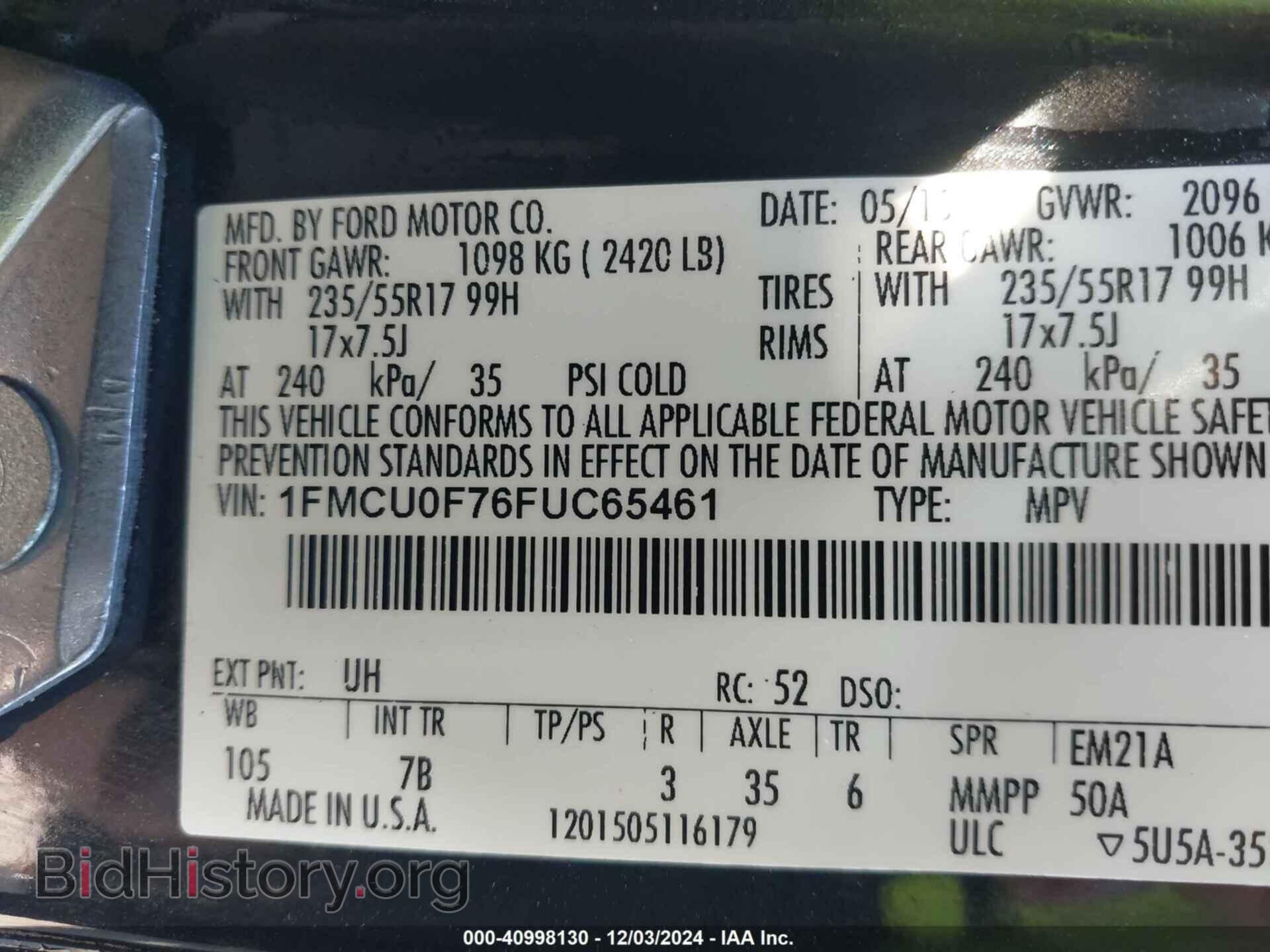 2015 FORD ESCAPE - VIN: 1FMCU0F76FUC65461 - Фото 9