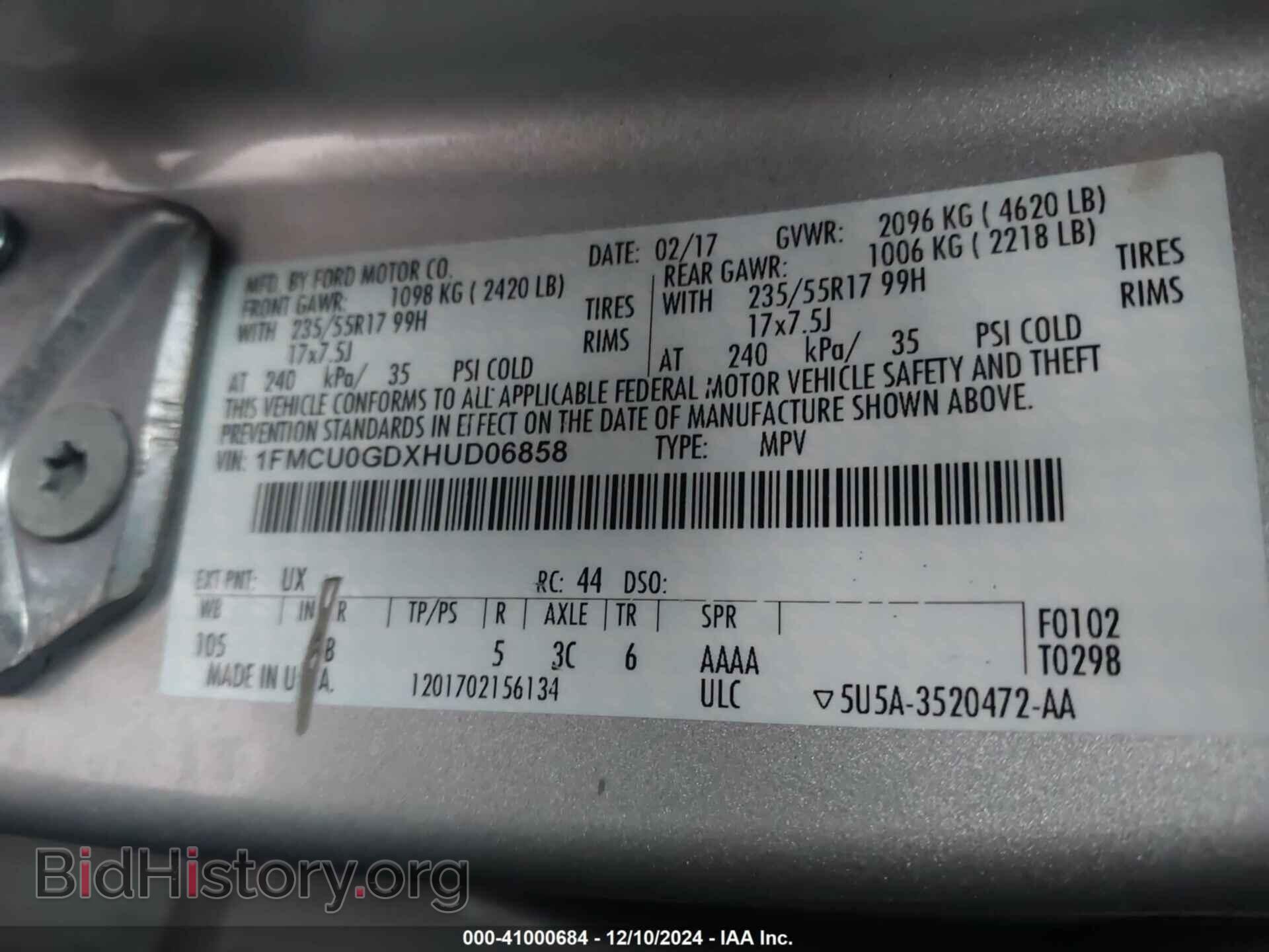 2017 FORD ESCAPE - VIN: 1FMCU0GDXHUD06858 - Фото 9