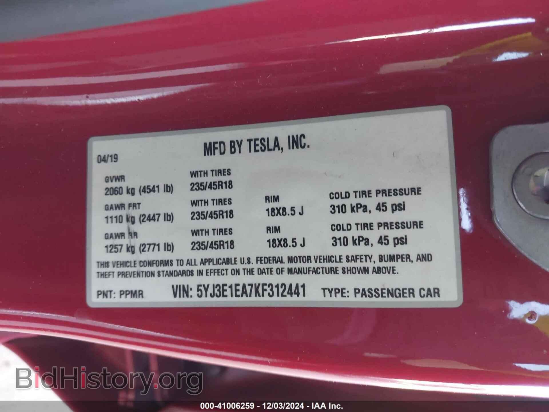 2019 TESLA MODEL 3 - VIN: 5YJ3E1EA7KF312441 - Фото 9