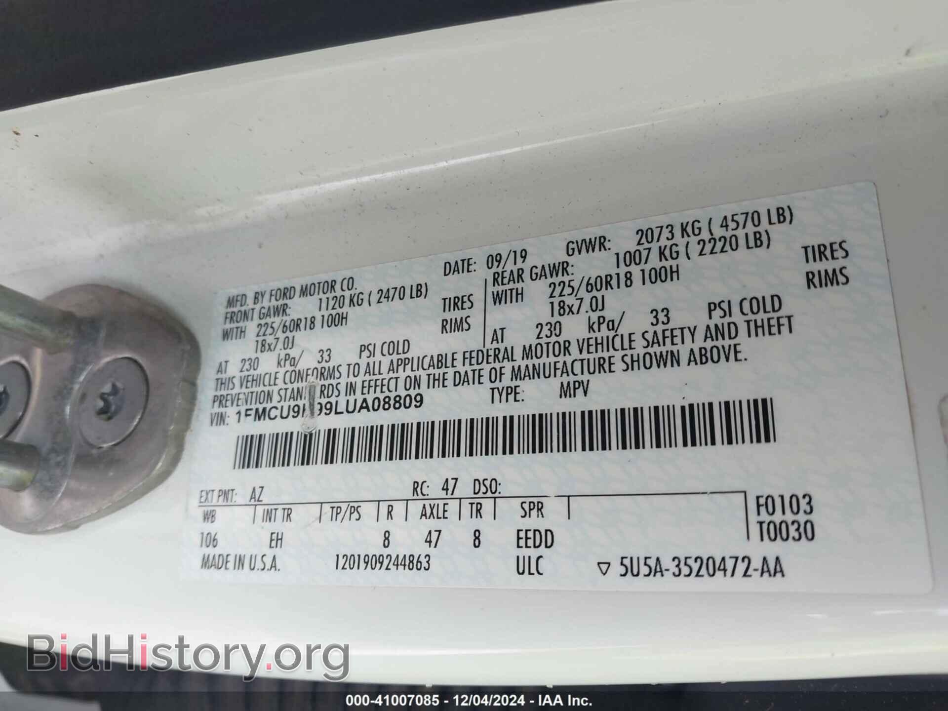 2020 FORD ESCAPE - VIN: 1FMCU9H99LUA08809 - Фото 9