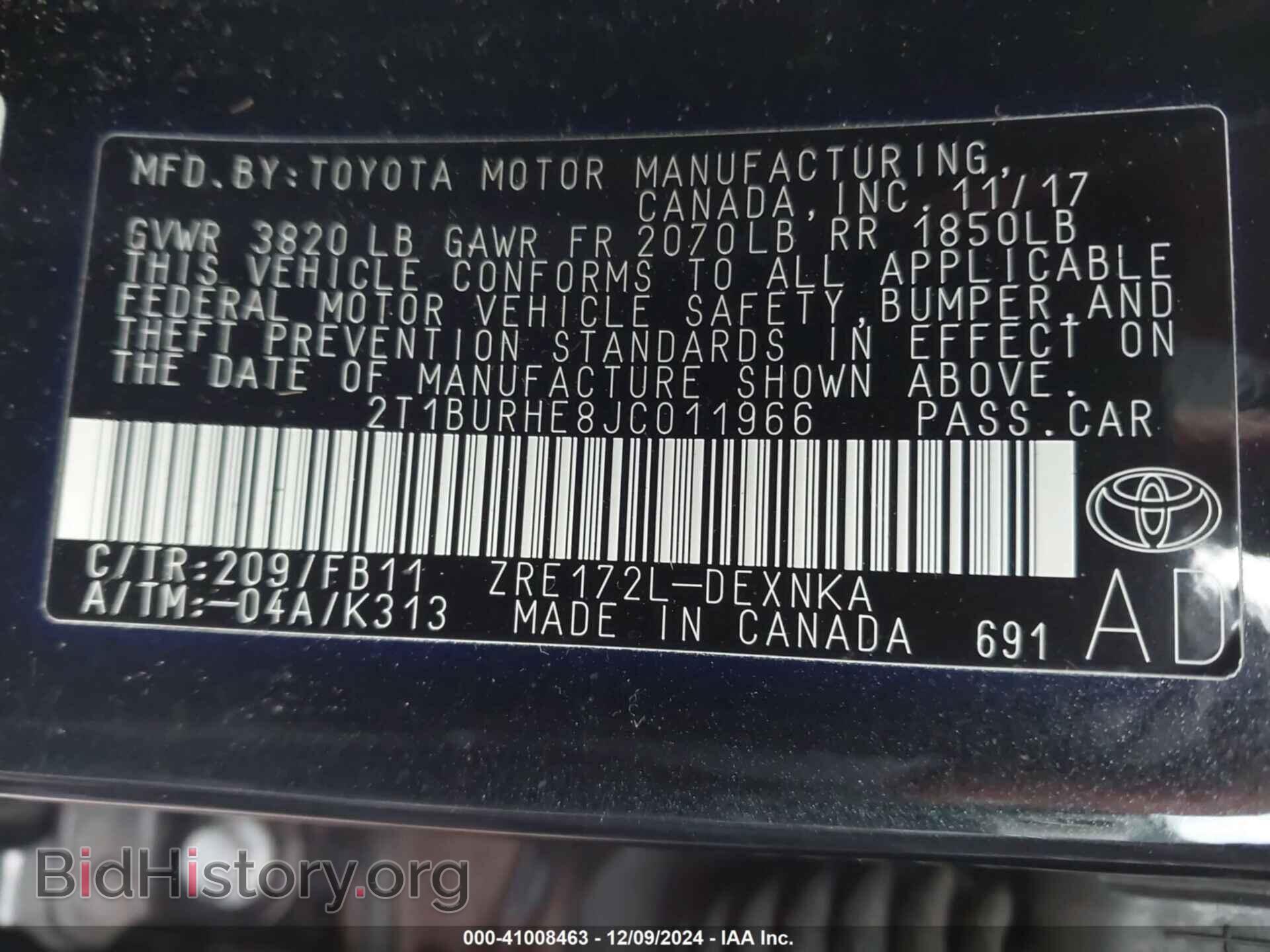 2018 TOYOTA COROLLA - VIN: 2T1BURHE8JC011966 - Фото 9