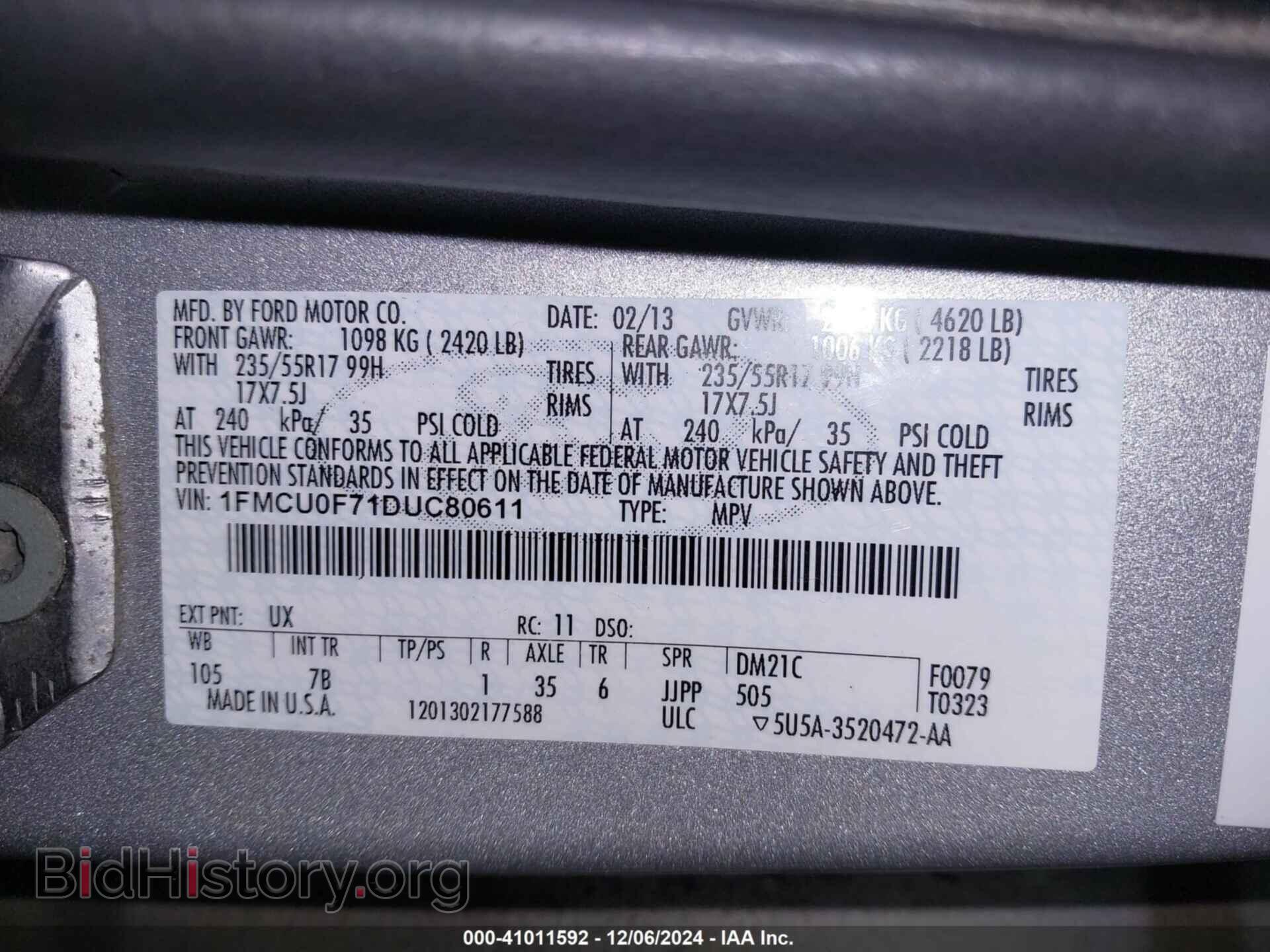 2013 FORD ESCAPE - VIN: 1FMCU0F71DUC80611 - Фото 9