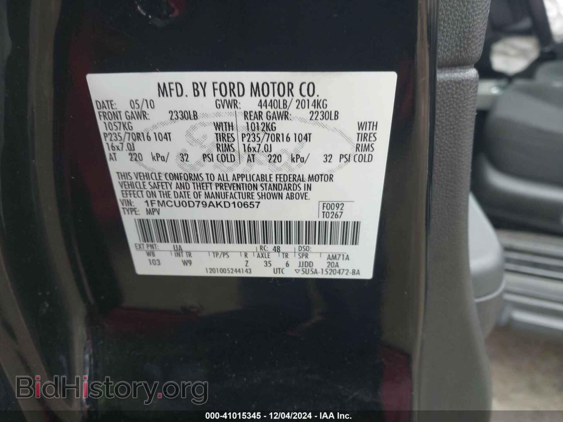 2010 FORD ESCAPE - VIN: 1FMCU0D79AKD10657 - Фото 9