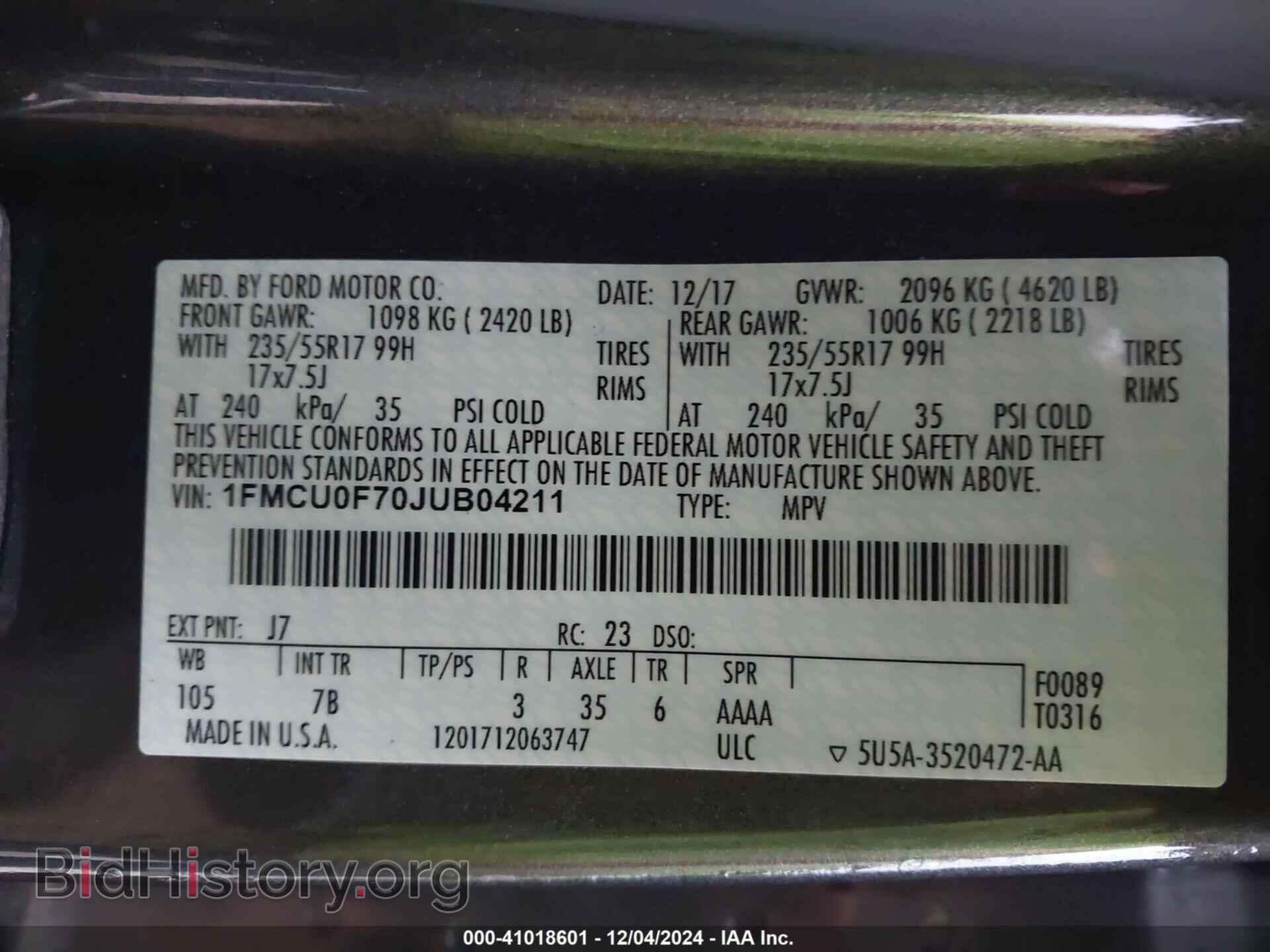 2018 FORD ESCAPE - VIN: 1FMCU0F70JUB04211 - Фото 9