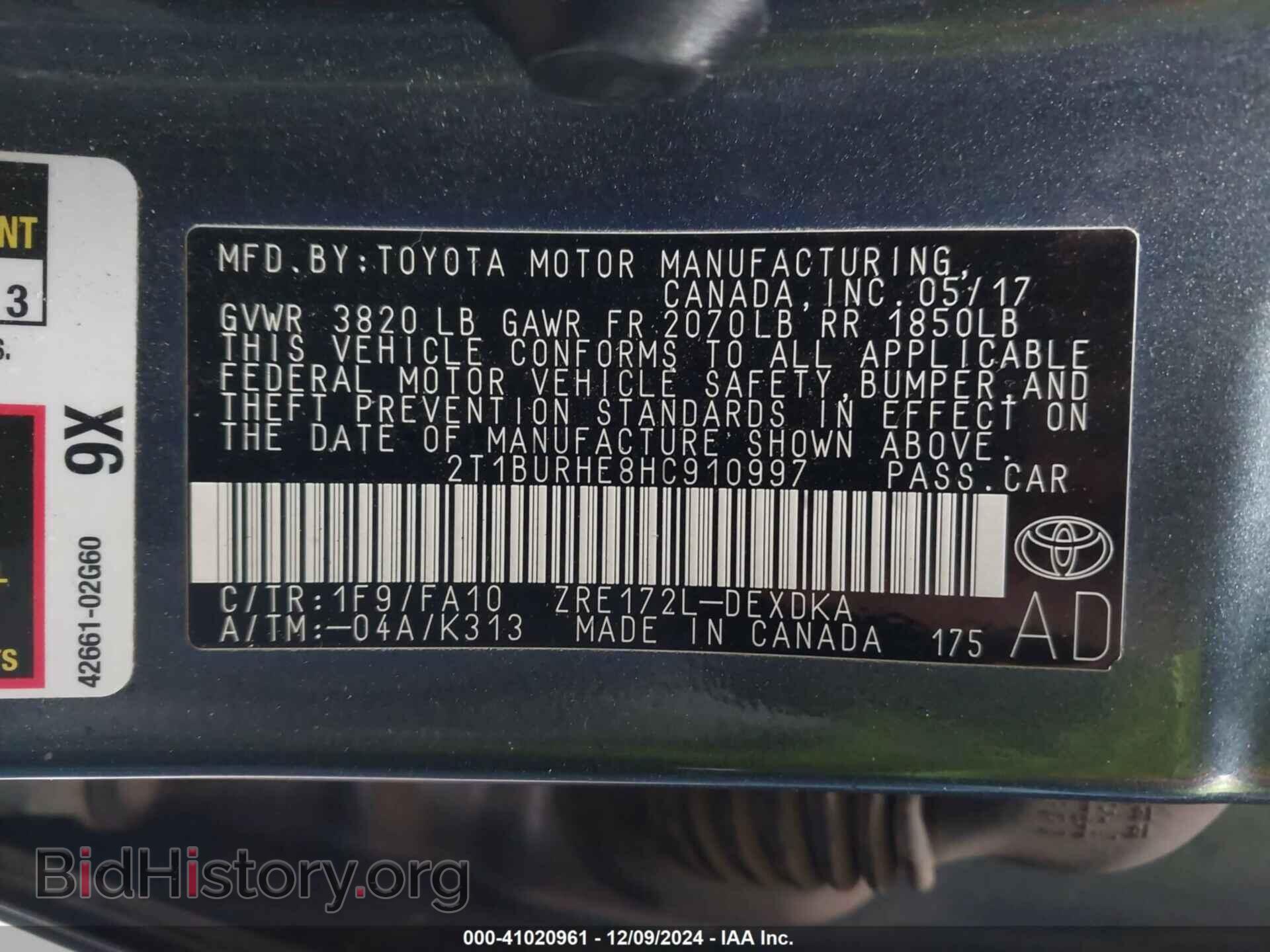 2017 TOYOTA COROLLA - VIN: 2T1BURHE8HC910997 - Фото 9