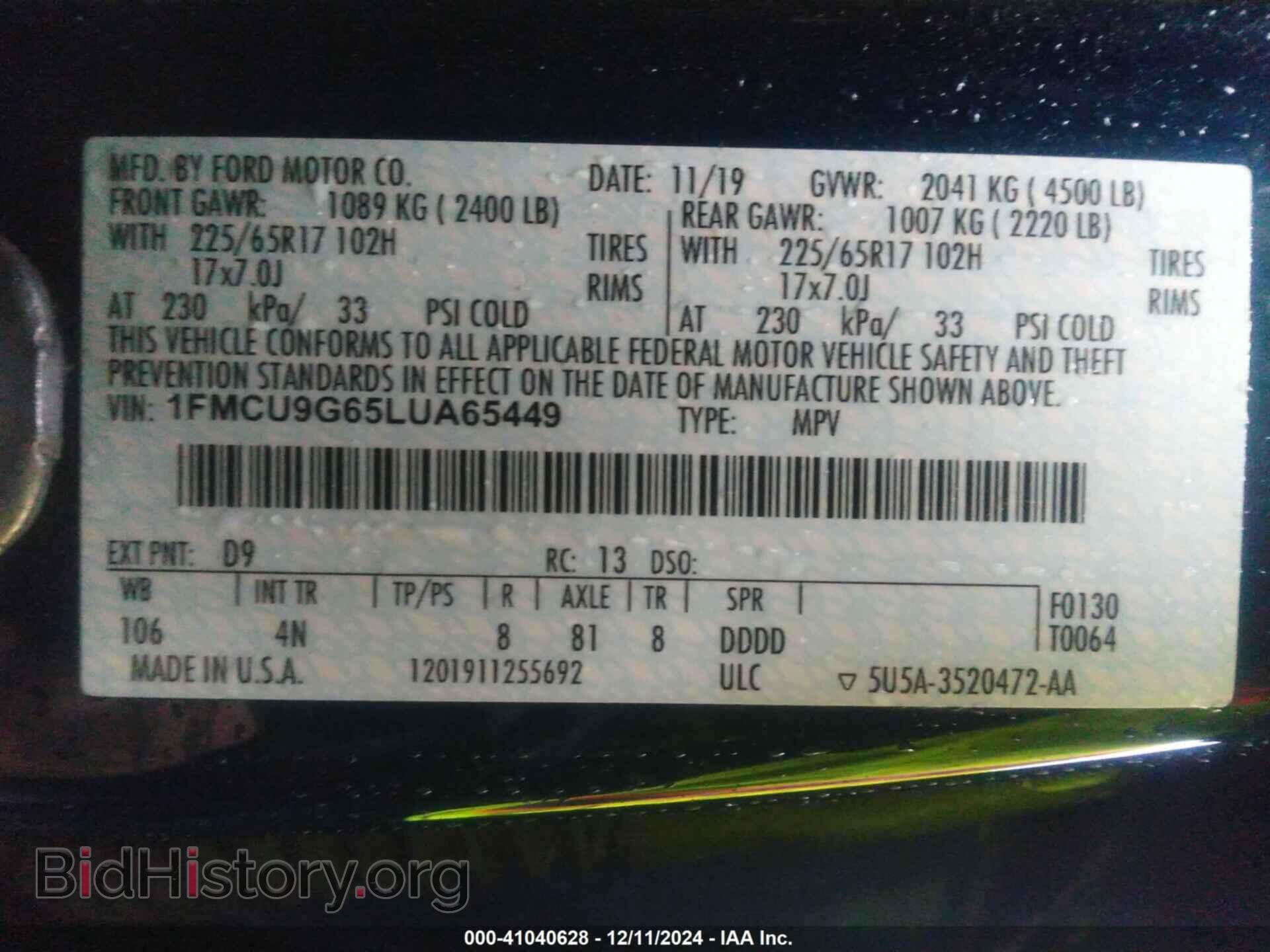 2020 FORD ESCAPE - VIN: 1FMCU9G65LUA65449 - Photo 9