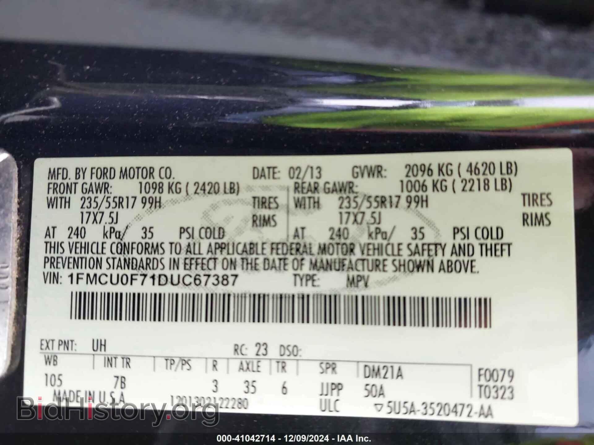 2013 FORD ESCAPE - VIN: 1FMCU0F71DUC67387 - Фото 9