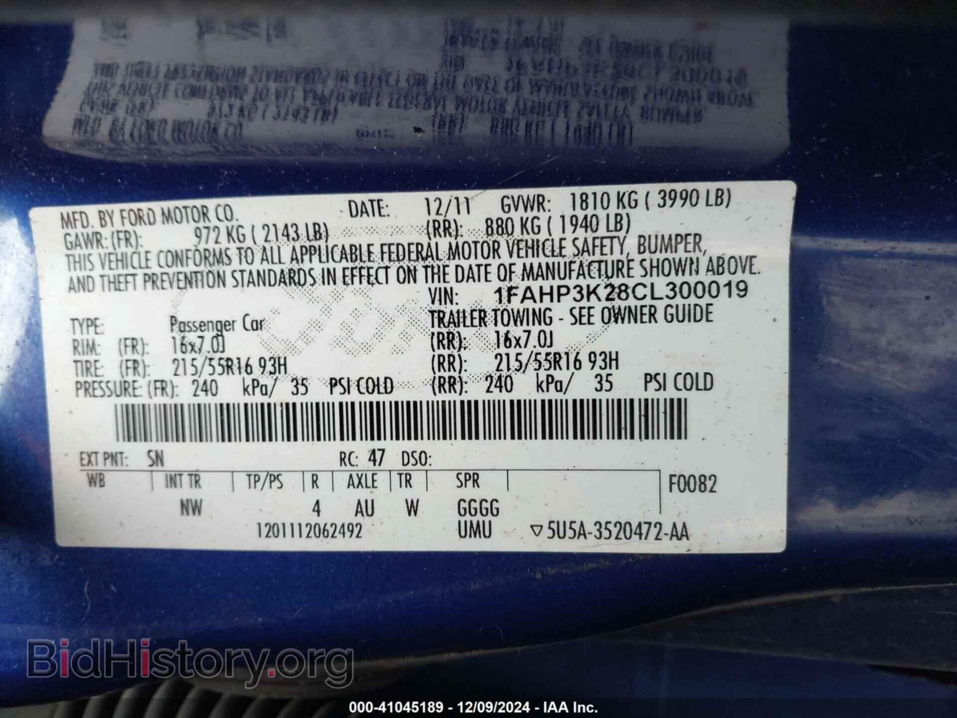 2012 FORD FOCUS - VIN: 1FAHP3K28CL300019 - Фото 9