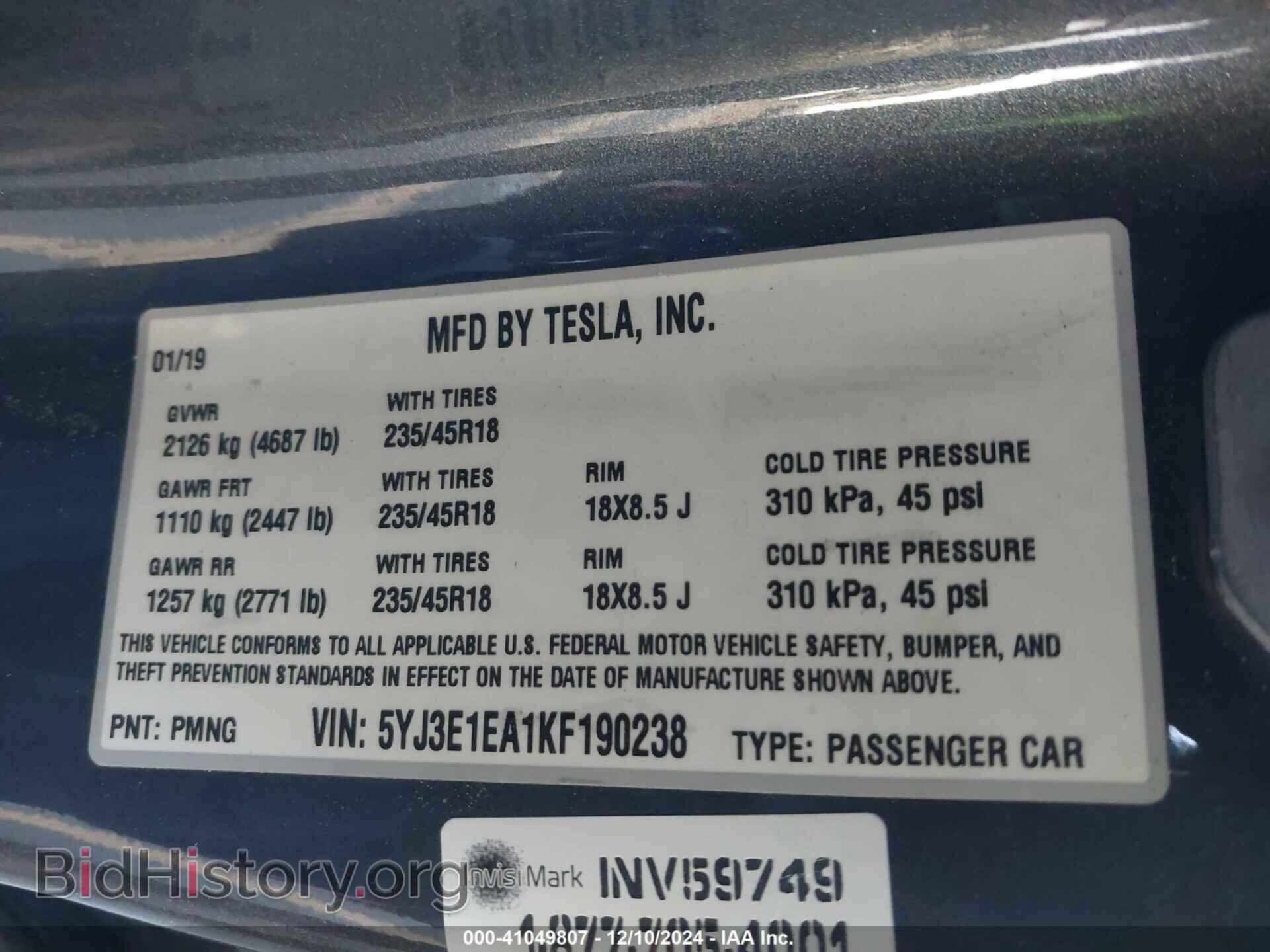 2019 TESLA MODEL 3 - VIN: 5YJ3E1EA1KF190238 - Фото 9