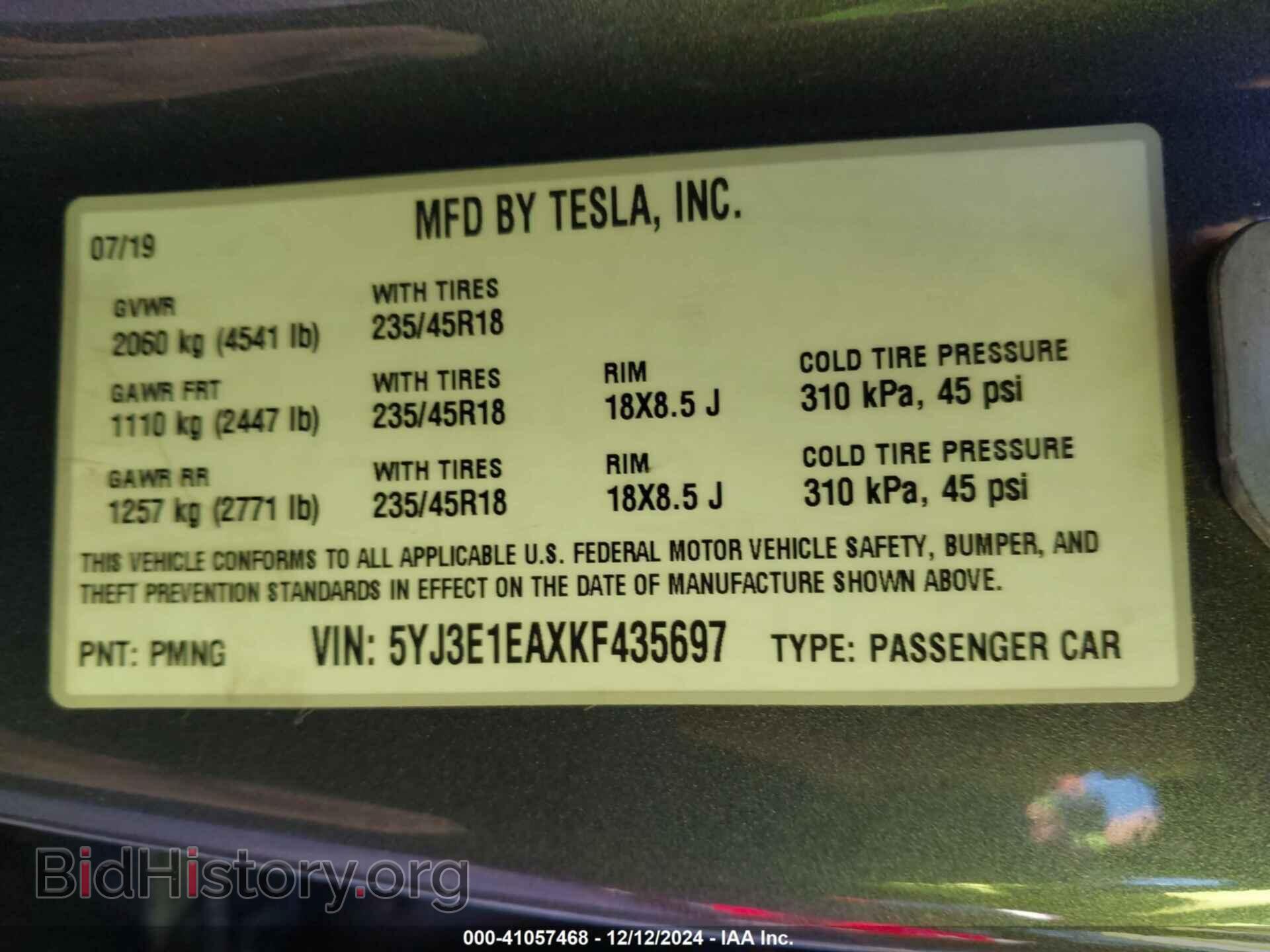 2019 TESLA MODEL 3 - VIN: 5YJ3E1EAXKF435697 - Фото 9