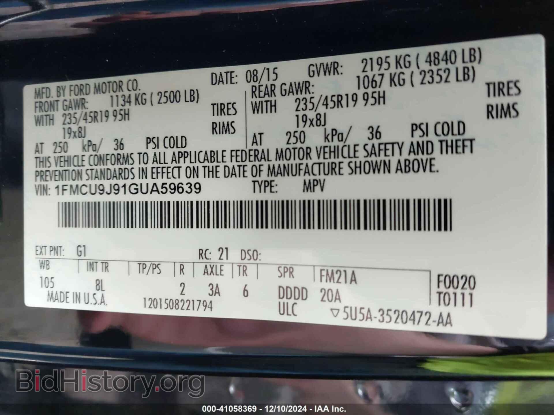 2016 FORD ESCAPE - VIN: 1FMCU9J91GUA59639 - Photo 9