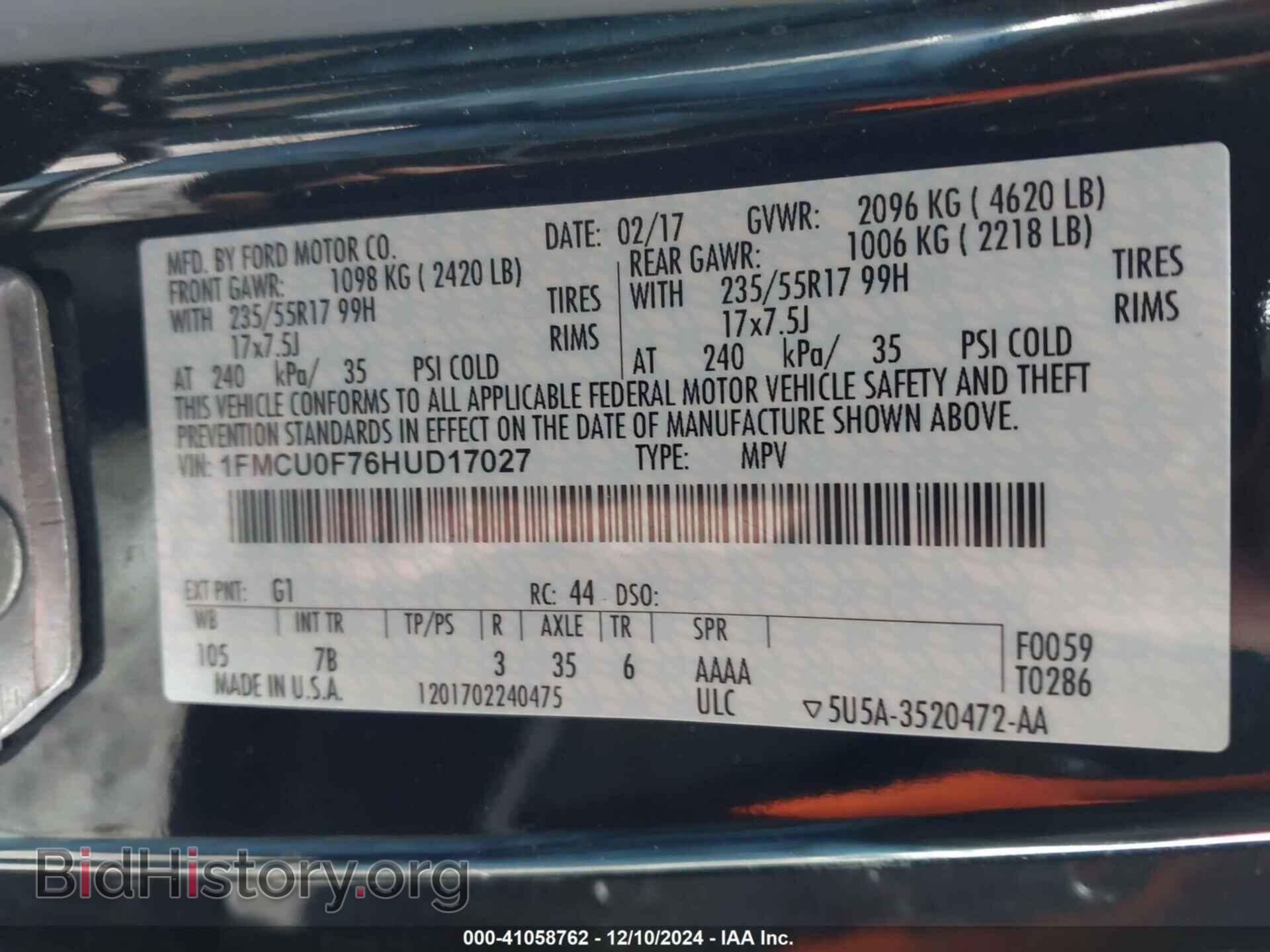 2017 FORD ESCAPE - VIN: 1FMCU0F76HUD17027 - Фото 9