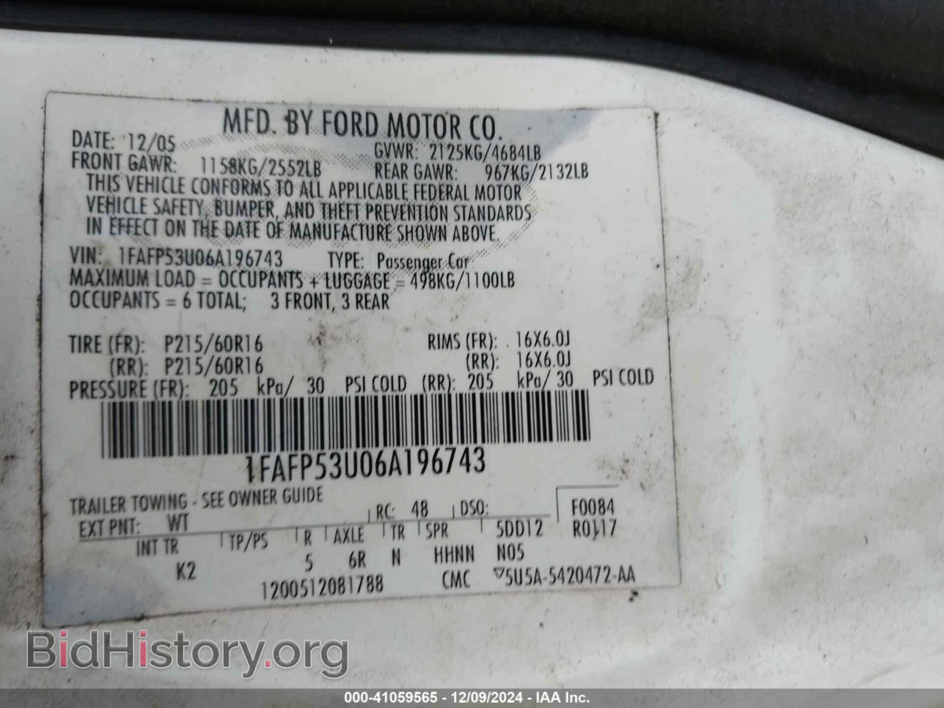 2006 FORD TAURUS - VIN: 1FAFP53U06A196743 - Фото 9