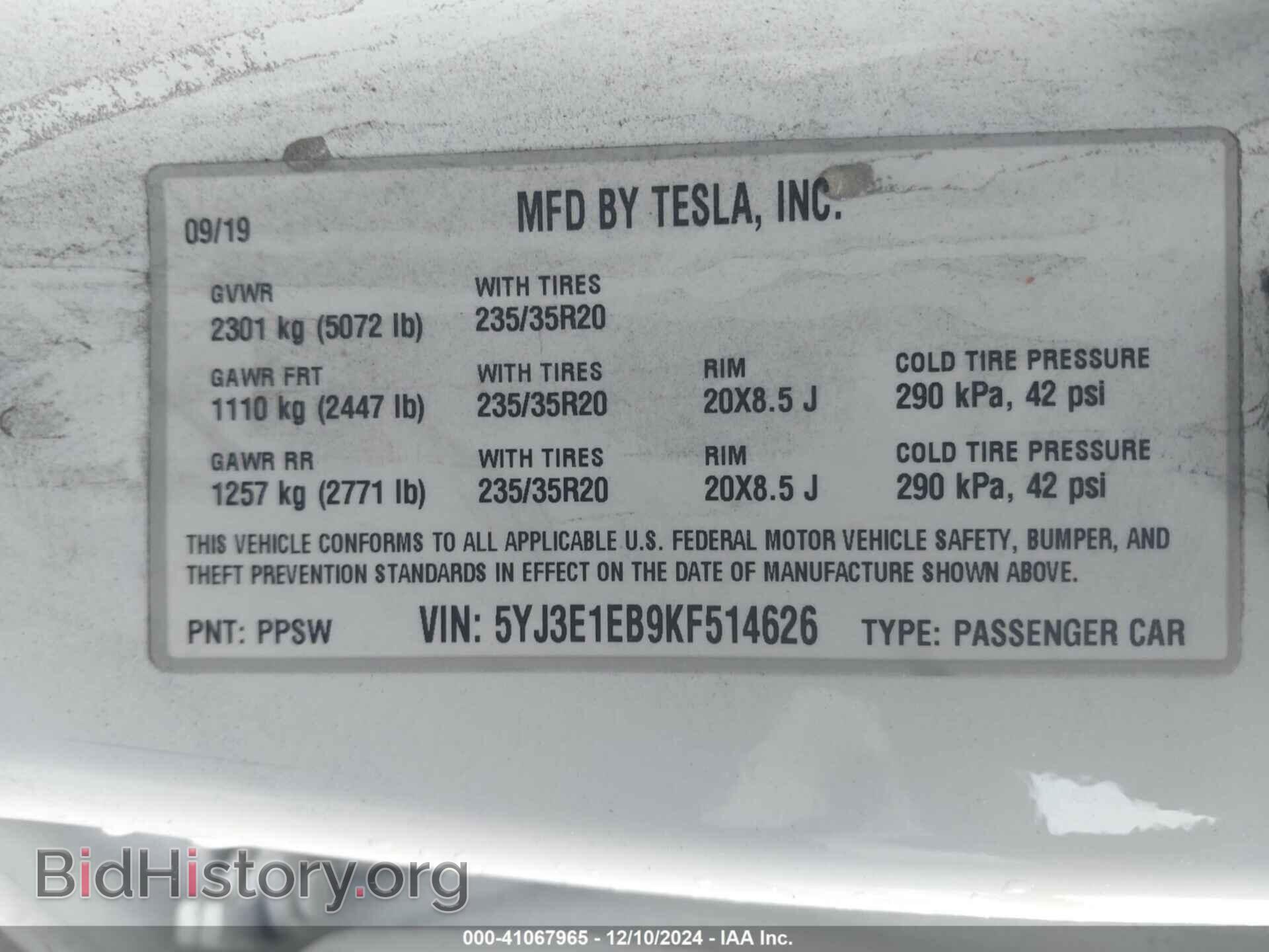 2019 TESLA MODEL 3 - VIN: 5YJ3E1EB9KF514626 - Фото 9