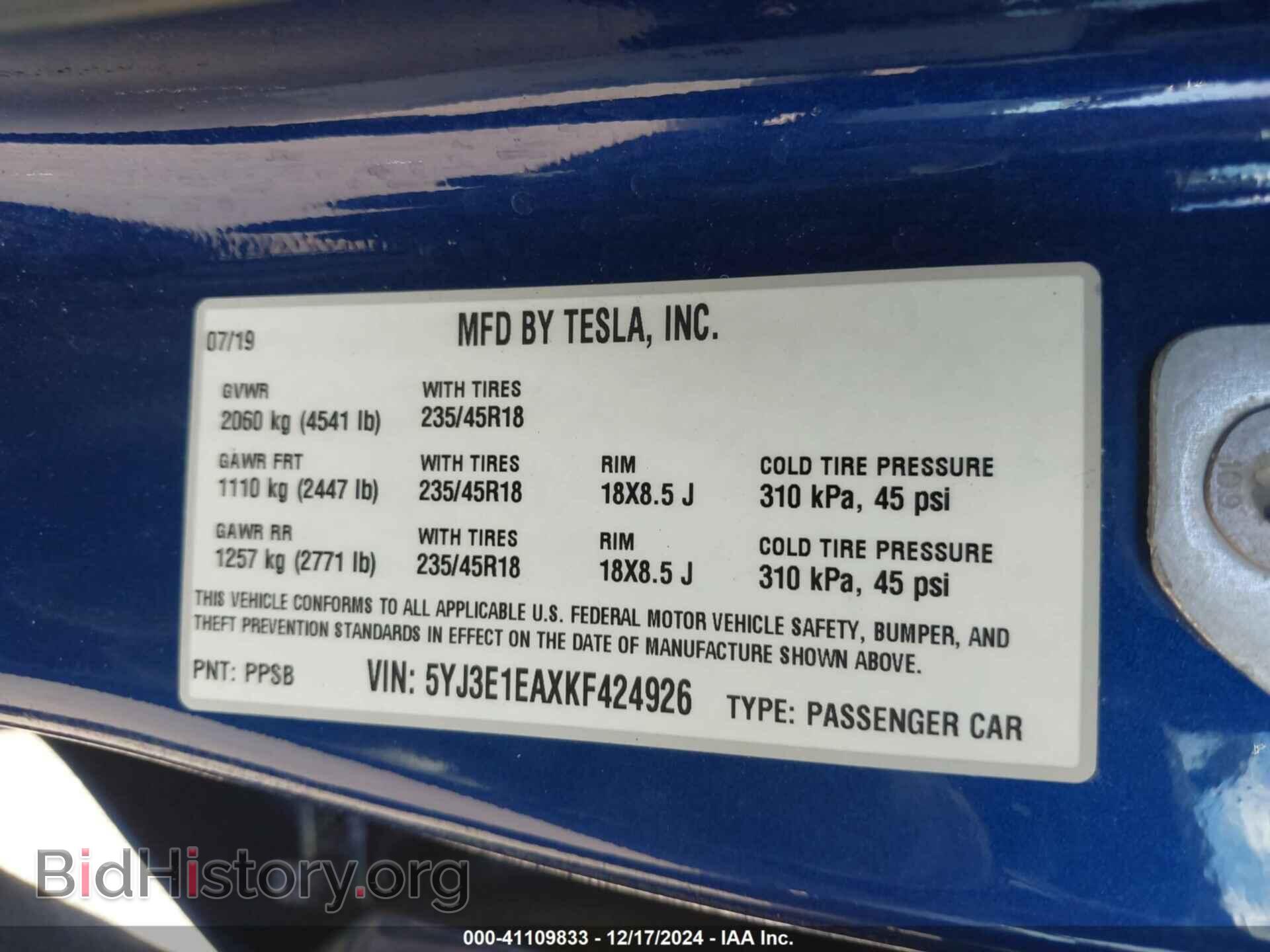 2019 TESLA MODEL 3 - VIN: 5YJ3E1EAXKF424926 - Фото 9