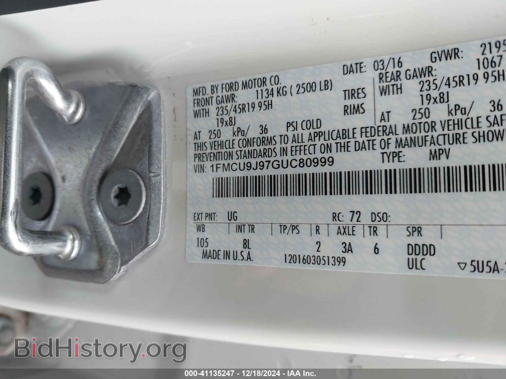 2016 FORD ESCAPE - VIN: 1FMCU9J97GUC80999 - Фото 9
