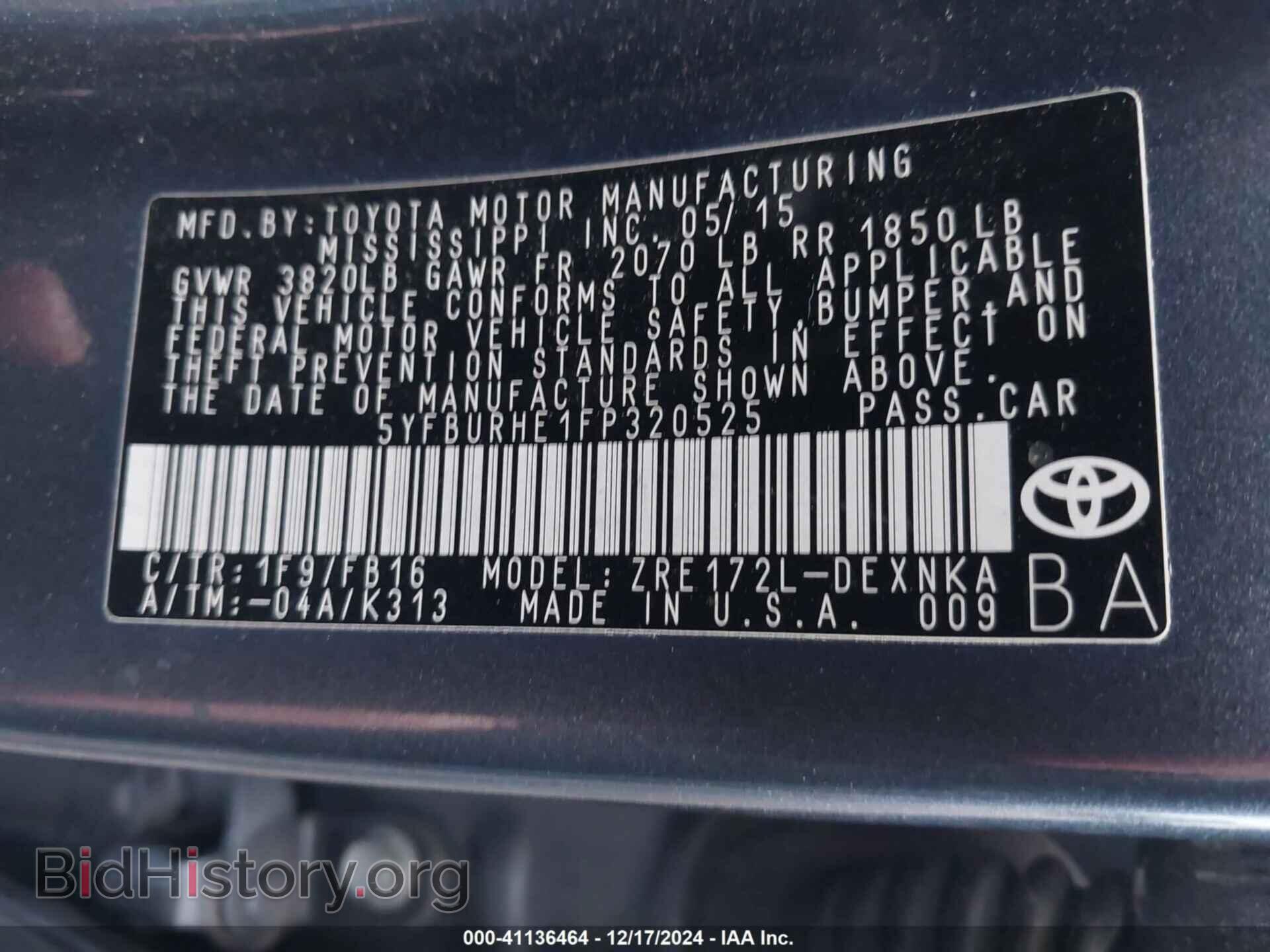 2015 TOYOTA COROLLA - VIN: 5YFBURHE1FP320525 - Фото 9