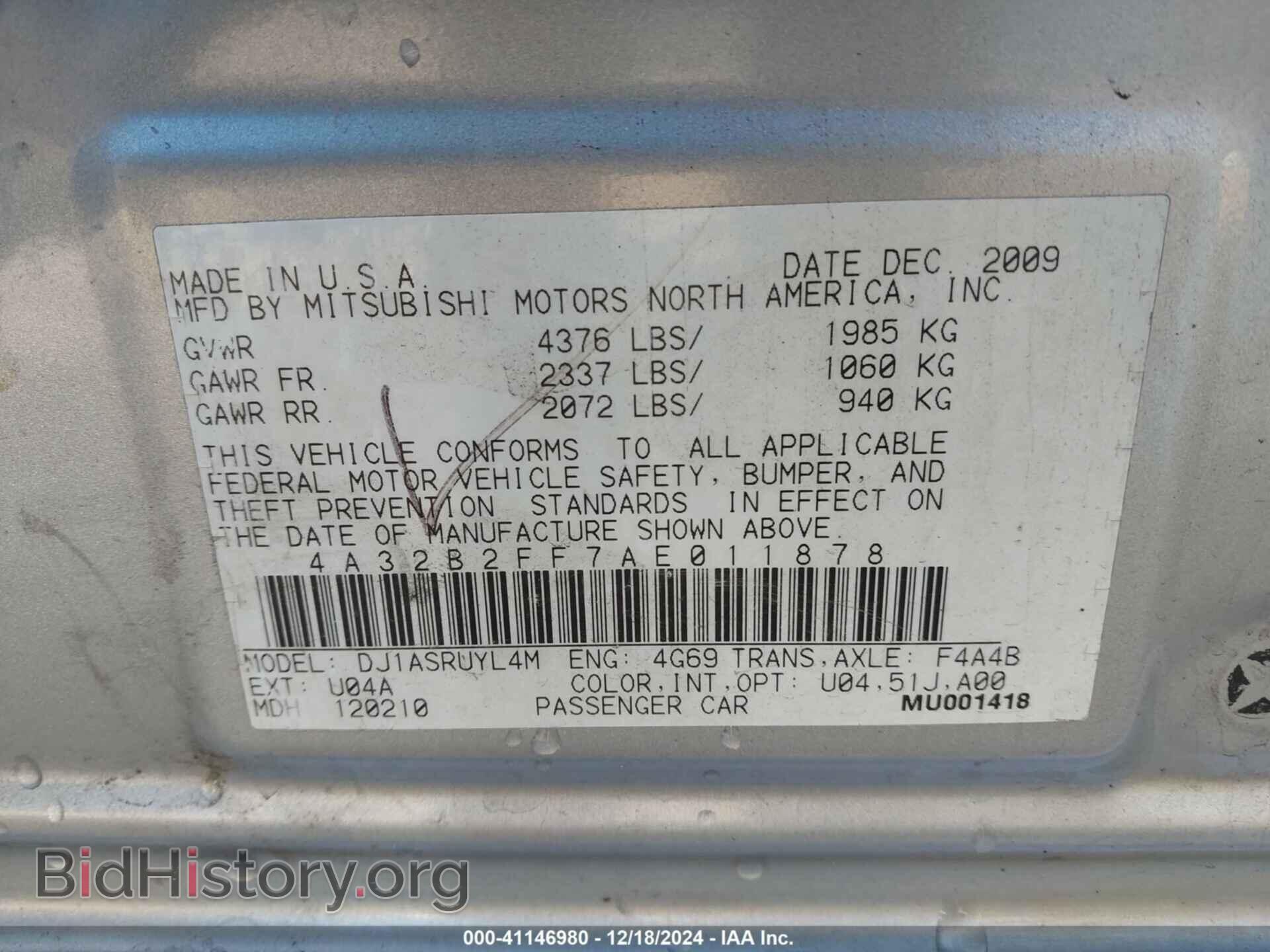 2010 MITSUBISHI GALANT - VIN: 4A32B2FF7AE011878 - Фото 9