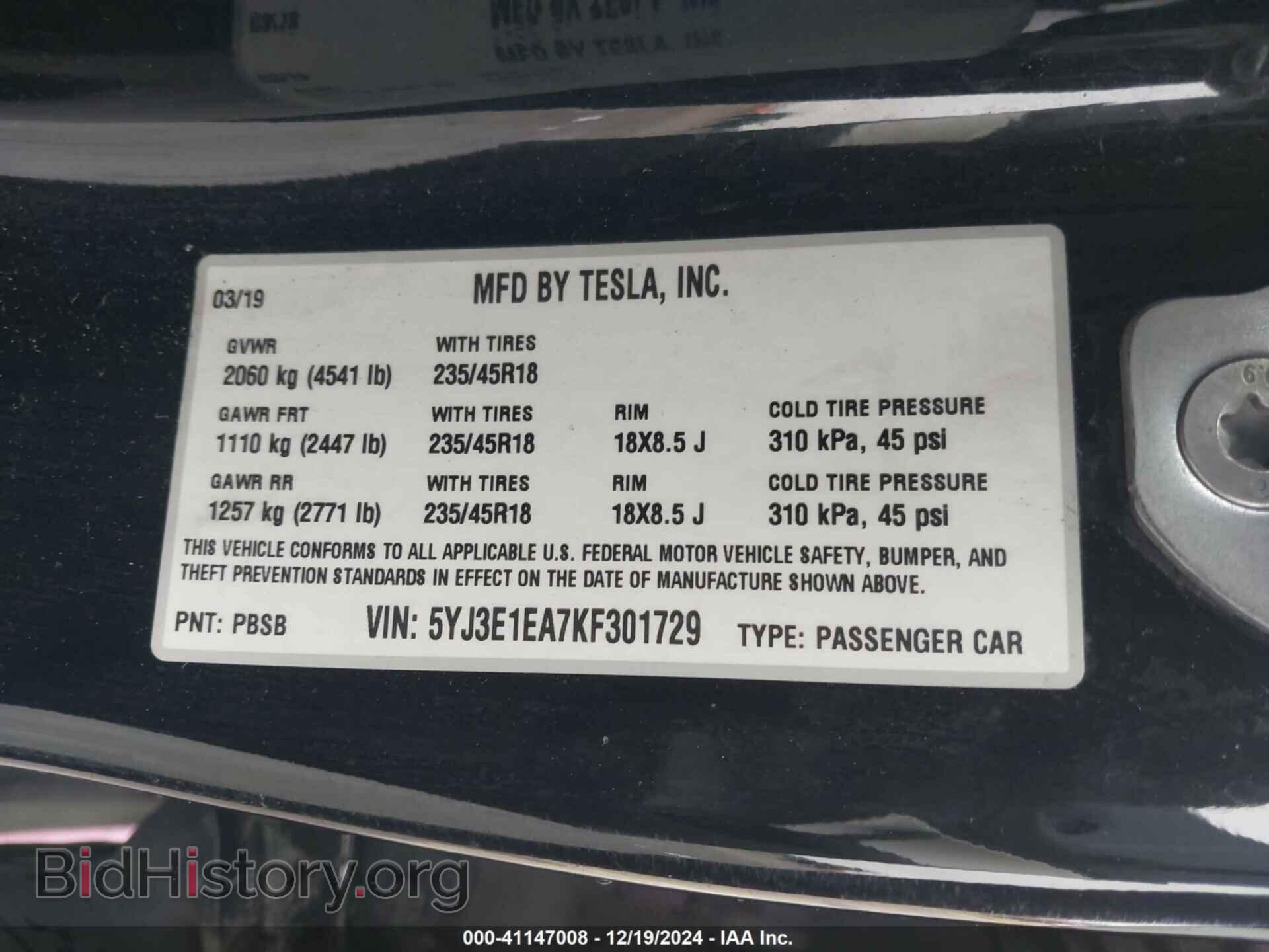 2019 TESLA MODEL 3 - VIN: 5YJ3E1EA7KF301729 - Фото 9