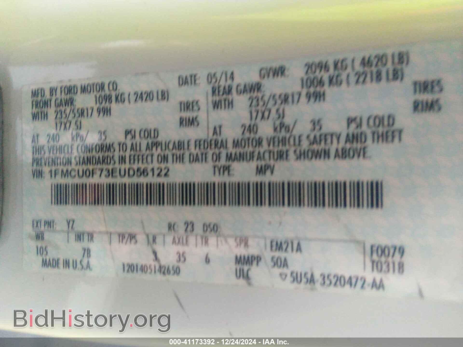 2014 FORD ESCAPE - VIN: 1FMCU0F73EUD56122 - Фото 9