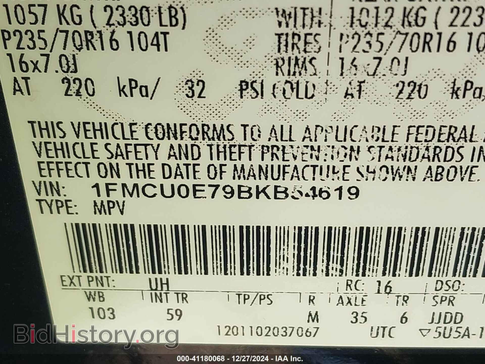 2011 FORD ESCAPE - VIN: 1FMCU0E79BKB54619 - Фото 9