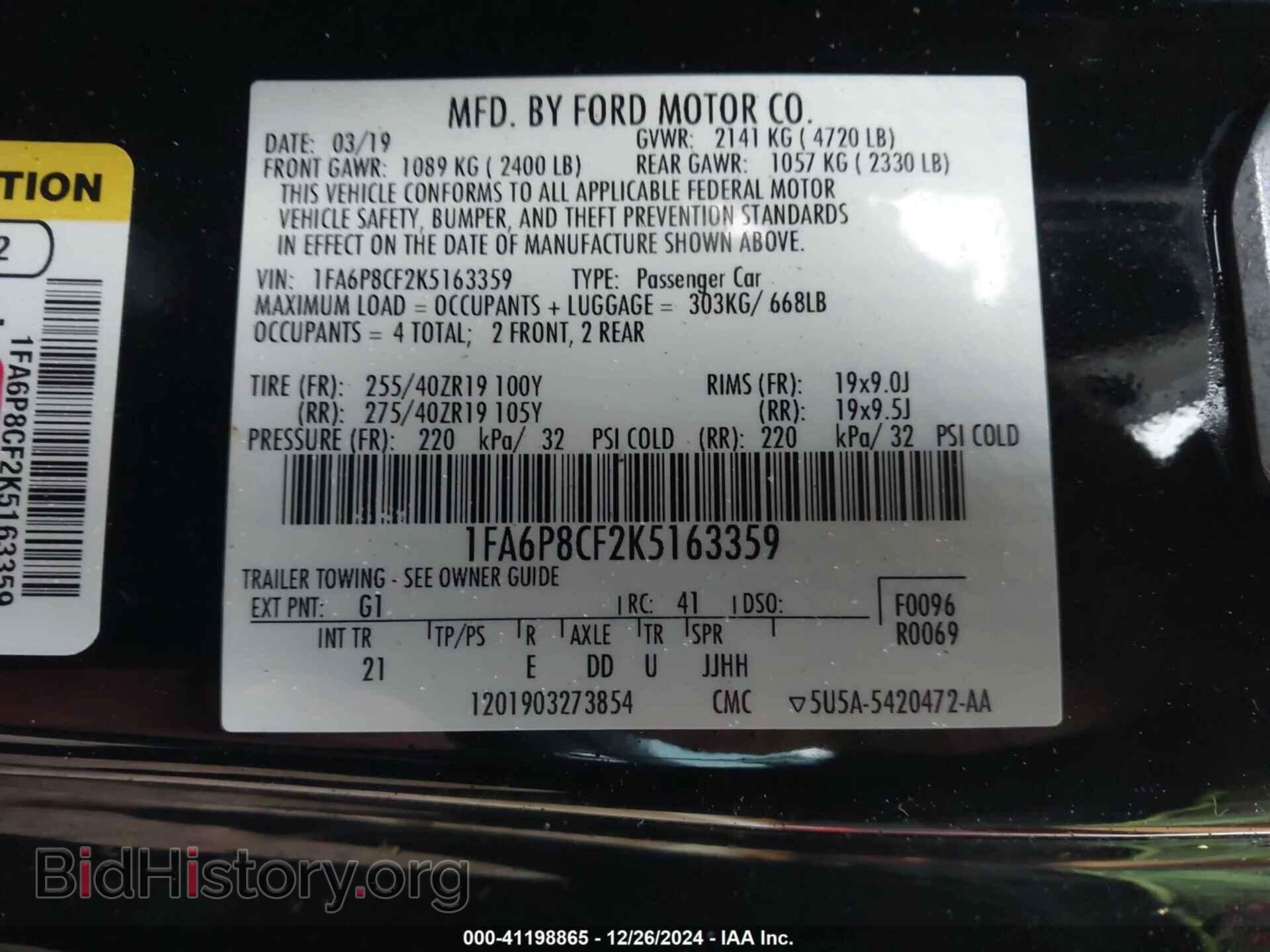 2019 FORD MUSTANG - VIN: 1FA6P8CF2K5163359 - Фото 9
