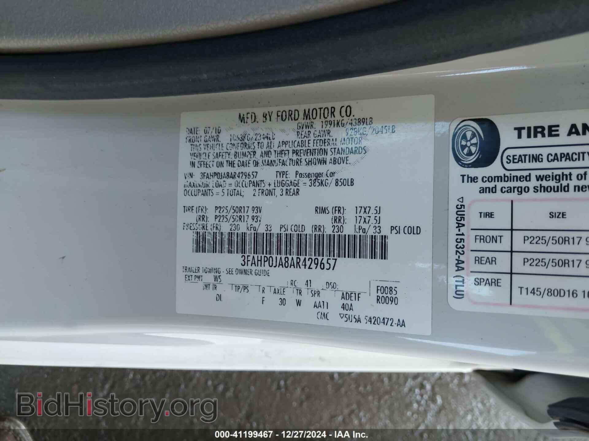 2010 FORD FUSION - VIN: 3FAHP0JA8AR429657 - Фото 9