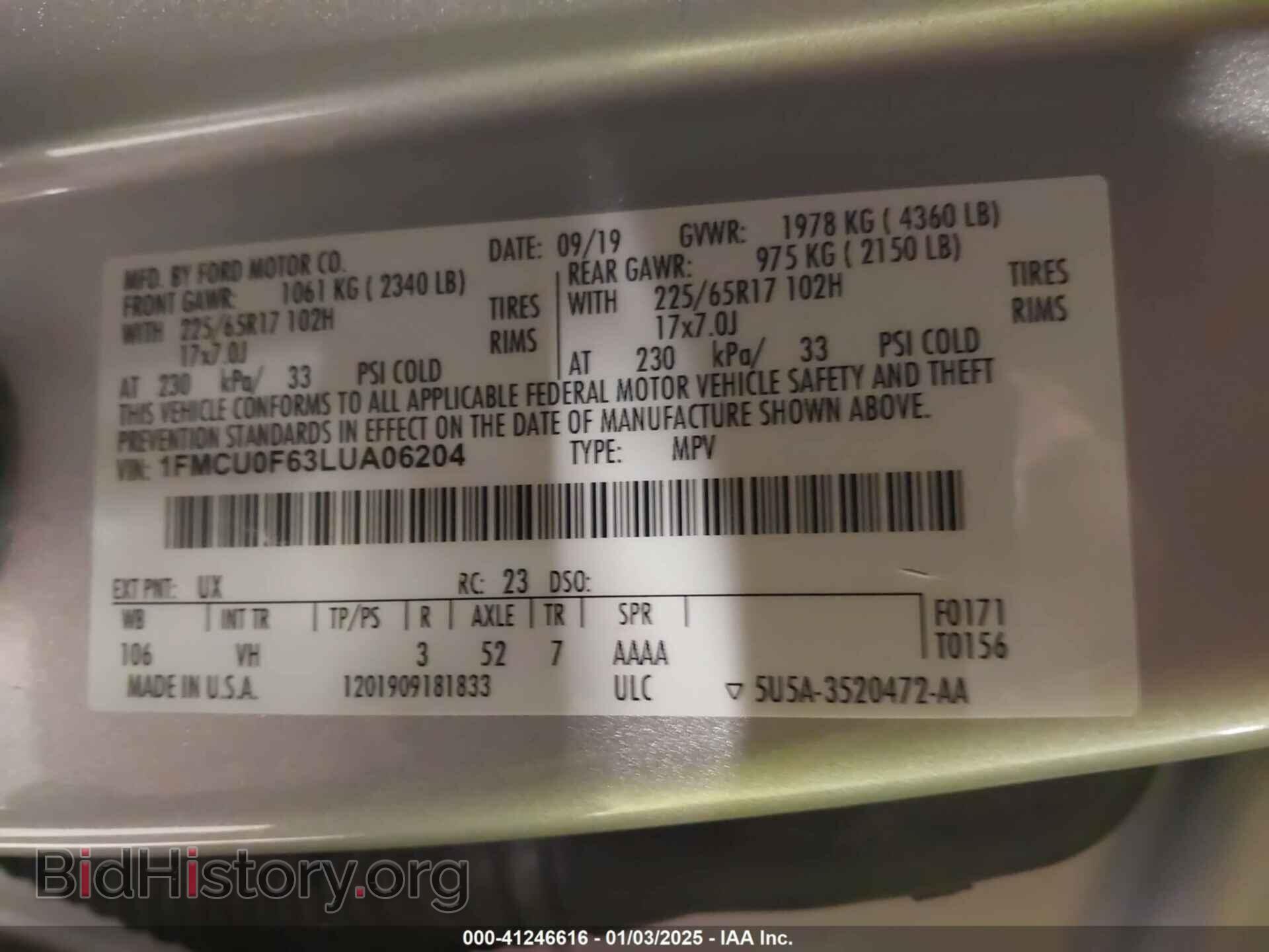 2020 FORD ESCAPE - VIN: 1FMCU0F63LUA06204 - Фото 9