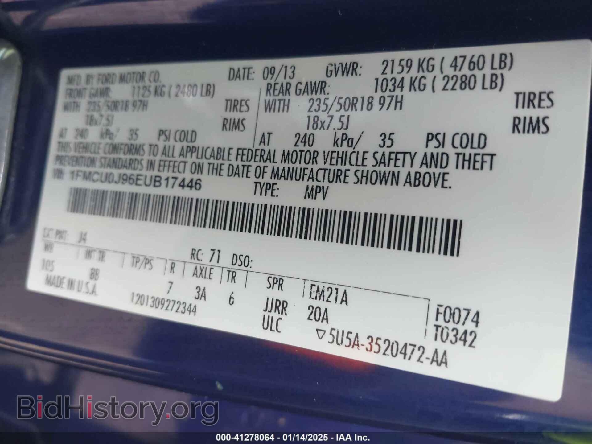 2014 FORD ESCAPE - VIN: 1FMCU0J96EUB17446 - Фото 9