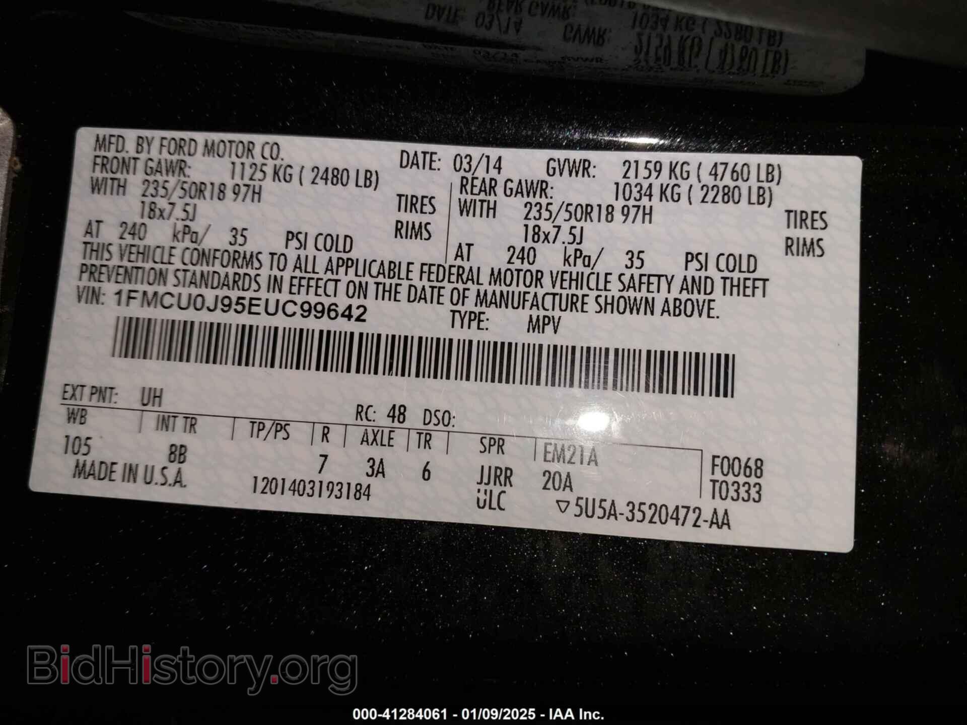 2014 FORD ESCAPE - VIN: 1FMCU0J95EUC99642 - Фото 9