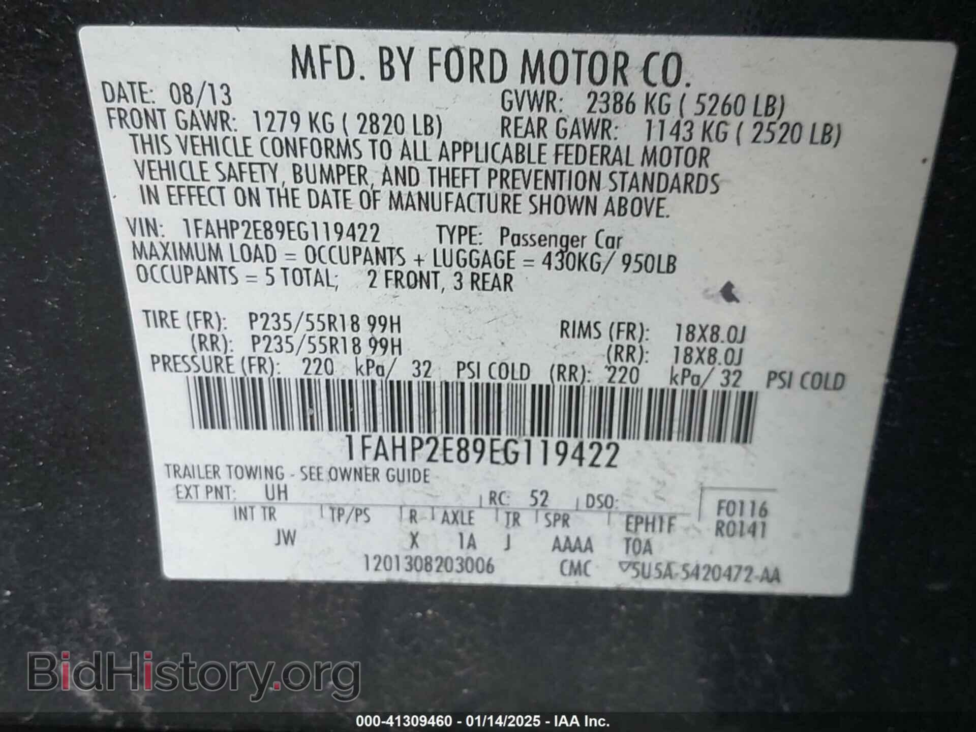 2014 FORD TAURUS - VIN: 1FAHP2E89EG119422 - Фото 9