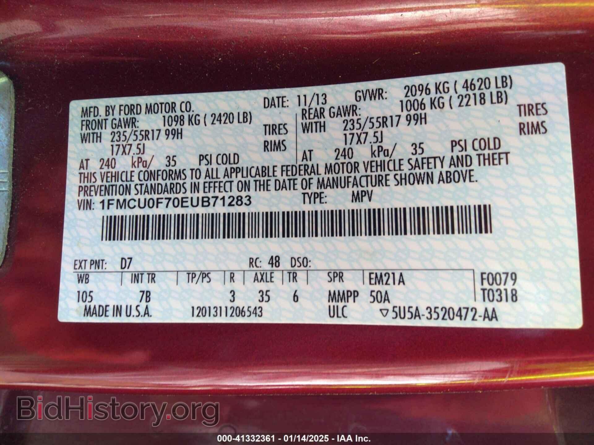 2014 FORD ESCAPE - VIN: 1FMCU0F70EUB71283 - Фото 9