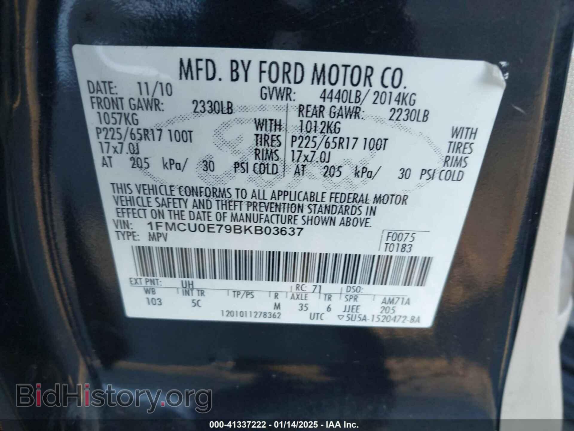 2011 FORD ESCAPE - VIN: 1FMCU0E79BKB03637 - Фото 9