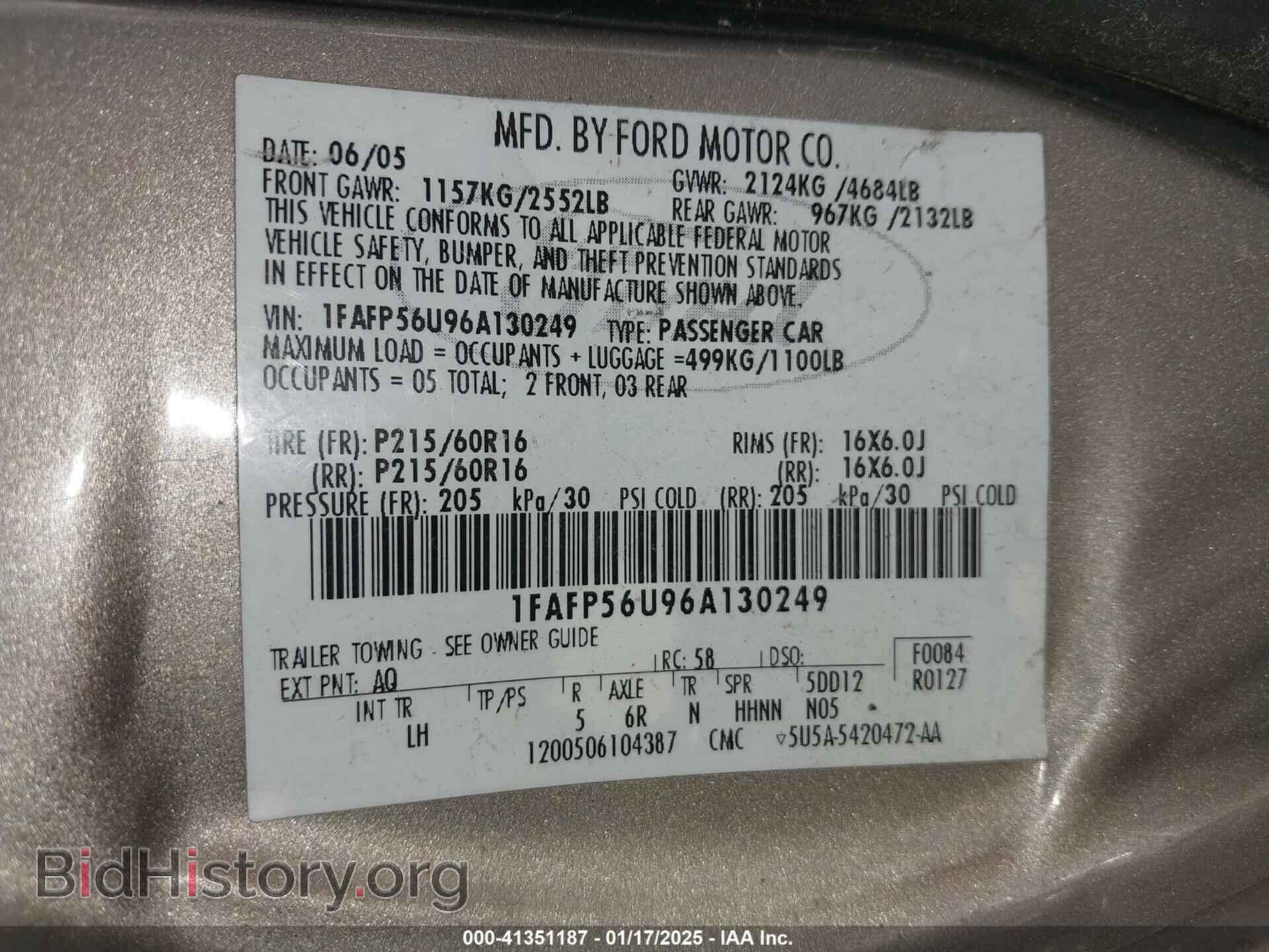 2006 FORD TAURUS - VIN: 1FAFP56U96A130249 - Фото 9