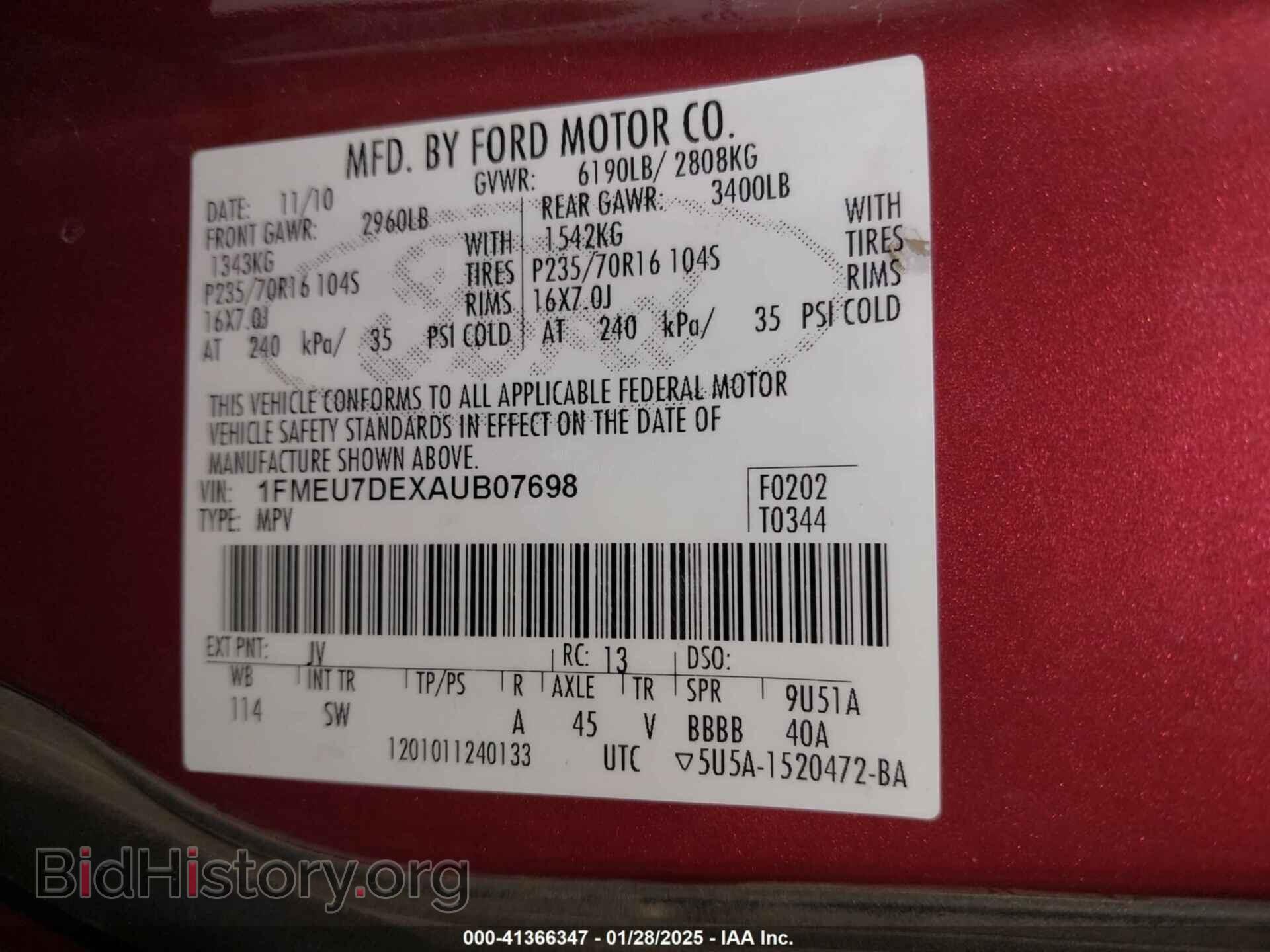 2010 FORD EXPLORER - VIN: 1FMEU7DEXAUB07698 - Фото 9