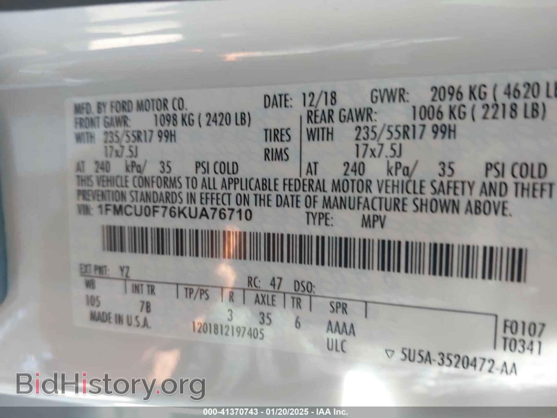 2019 FORD ESCAPE - VIN: 1FMCU0F76KUA76710 - Фото 9